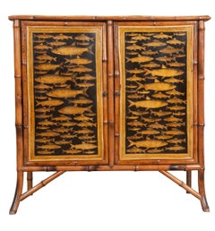 English 19th Century Découpage Fish Bamboo Cabinet