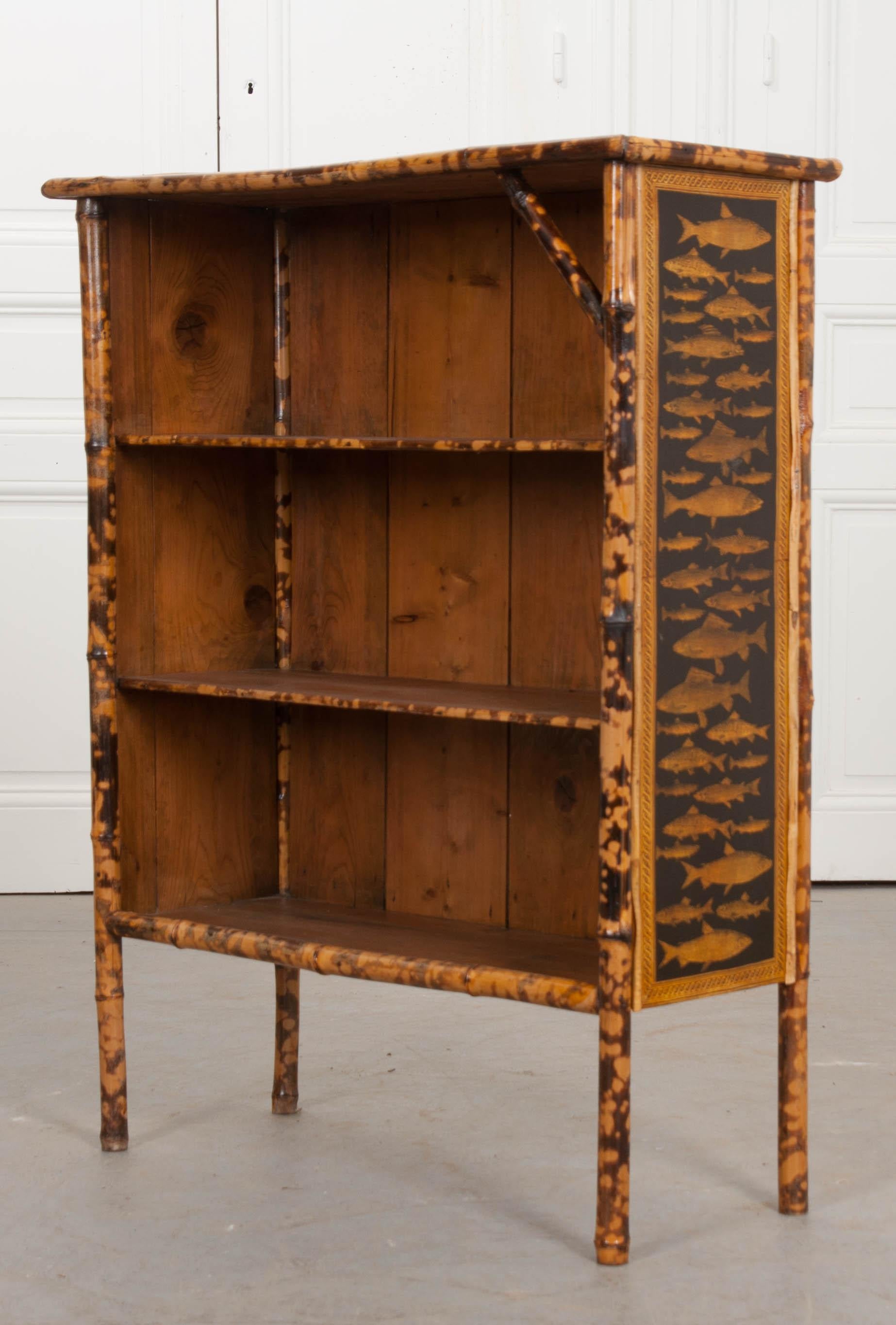 Bamboo English 19th Century Découpage Fish Bookcase
