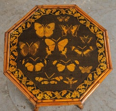 English 19th Century Découpage Moth Bamboo Table