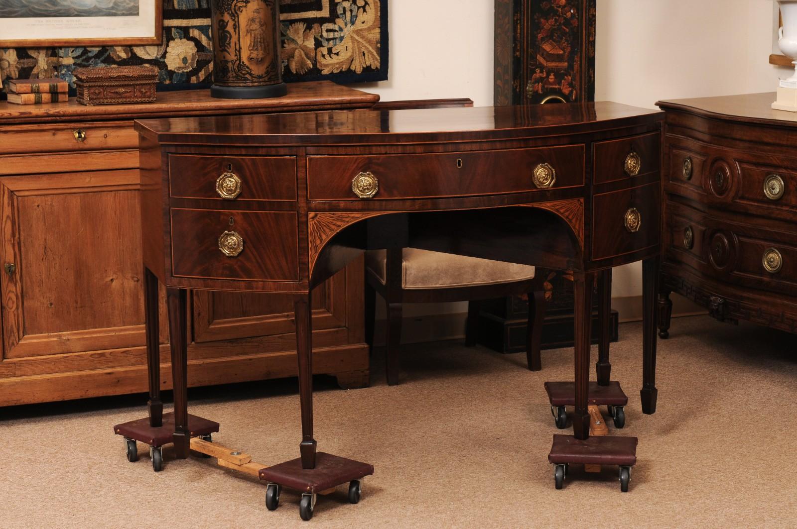 English 19th Century Demilune Mahogany Sideboard with Inlay, Square Legs and ending in Spade Feet