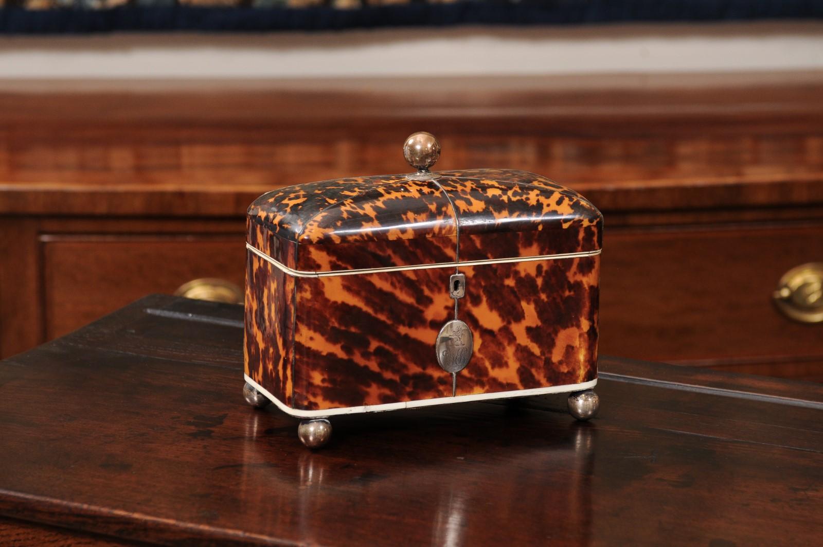 English 19th Century Domed Top Tortoiseshell Tea Caddy with Silver Inlay and Ball feet