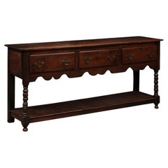English 19th Century Dresser Base in oak with 3 Drawers, Turned Legs