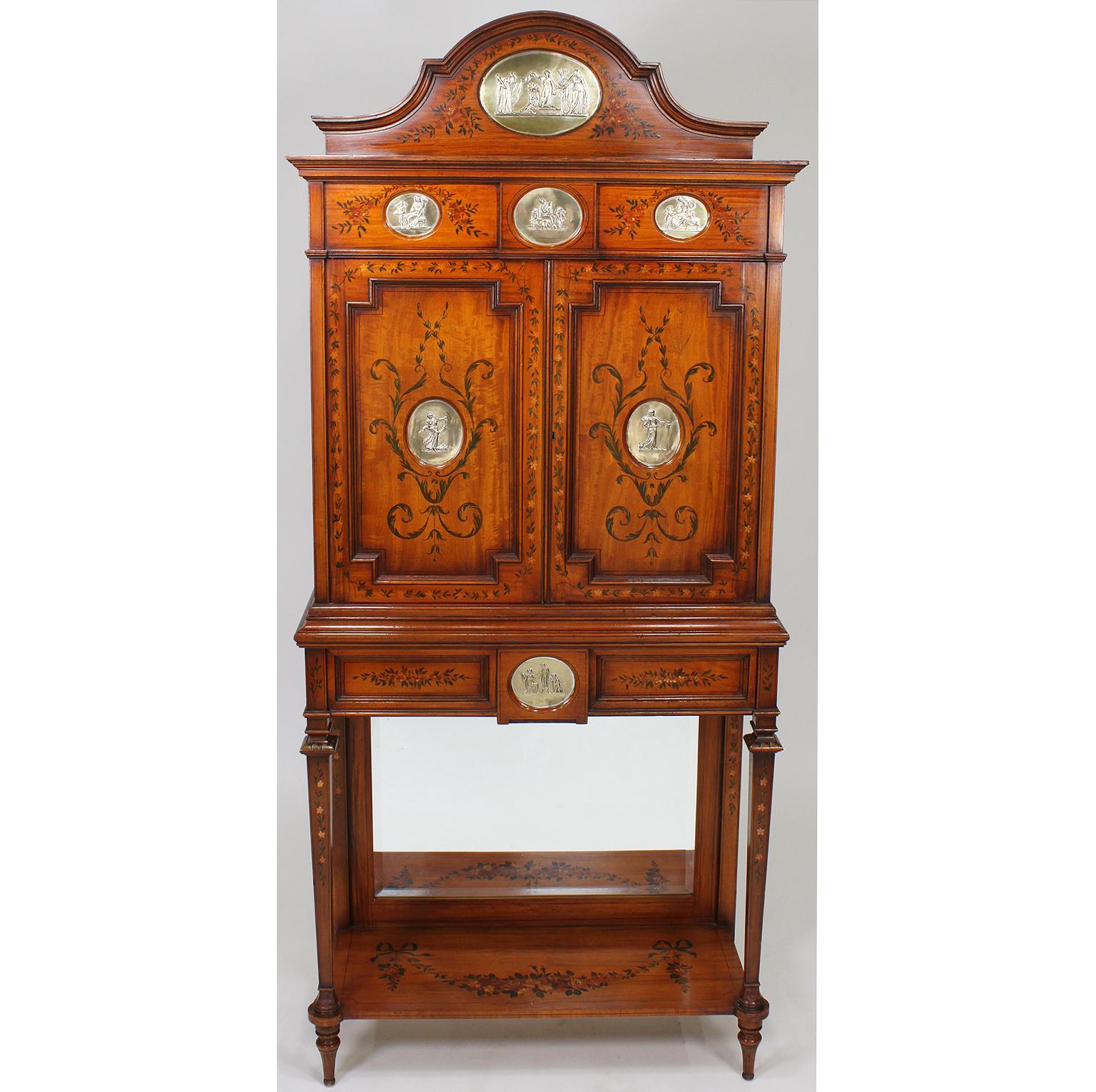 Hand-Painted English 19th Century Edwardian Style Painted Satinwood & Silver-Mounted Cabinet For Sale