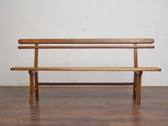English 19th Century Elm Bench with Slat Back and Trestle Base