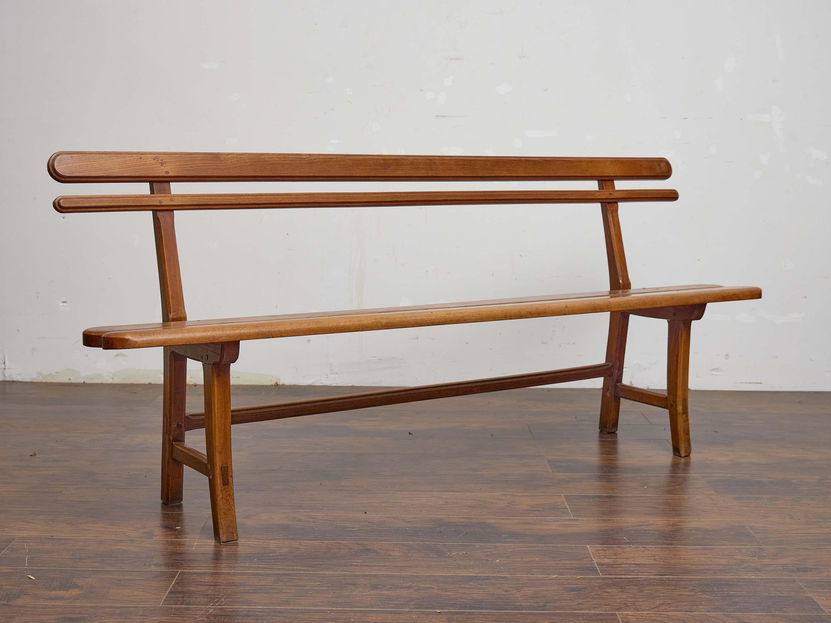English 19th Century Elm Bench with Slat Back and Trestle Base In Good Condition For Sale In Atlanta, GA