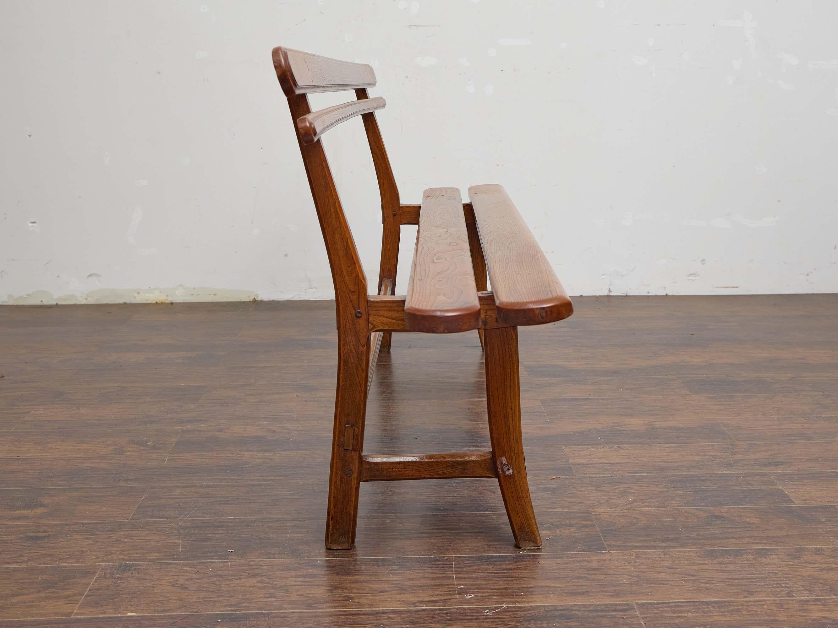 English 19th Century Elm Bench with Slat Back and Trestle Base For Sale 1