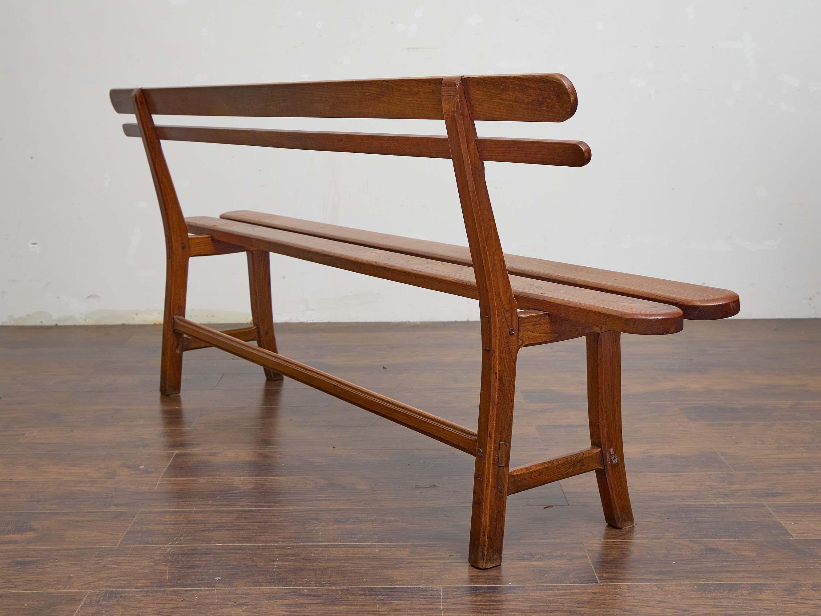 English 19th Century Elm Bench with Slat Back and Trestle Base For Sale 2