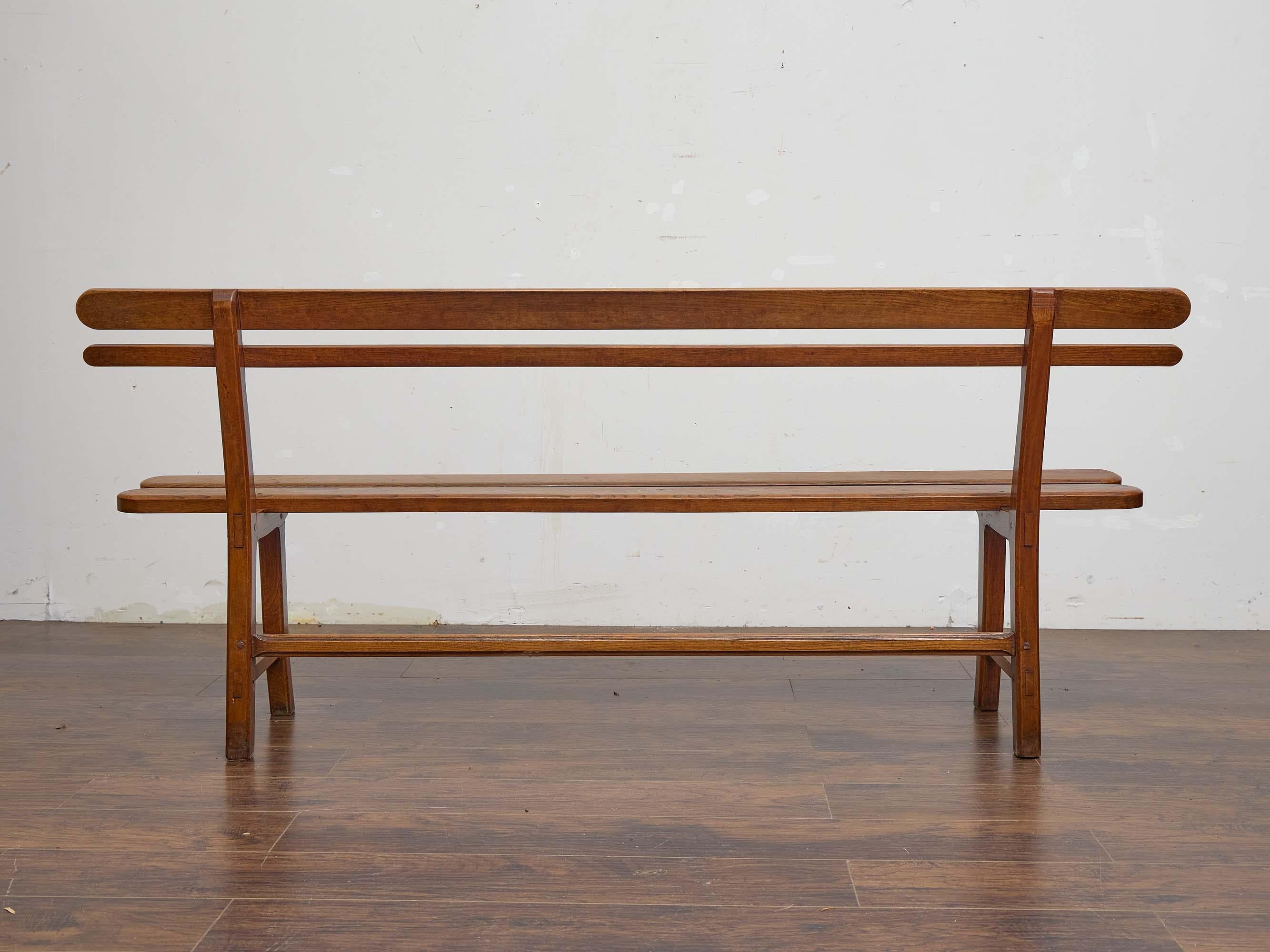 English 19th Century Elm Bench with Slat Back and Trestle Base For Sale 3