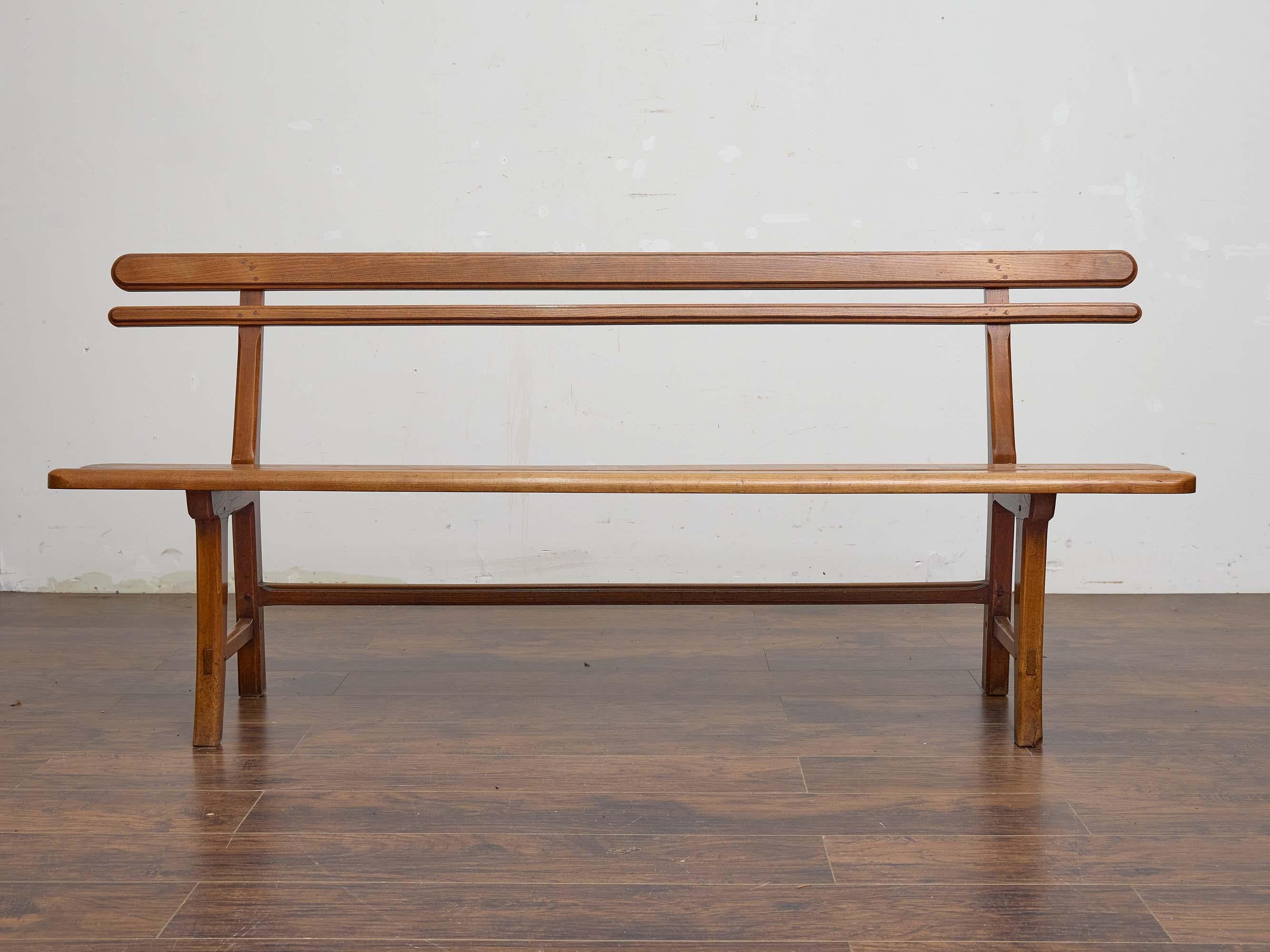 English 19th Century Elm Bench with Slat Back and Trestle Base For Sale 4