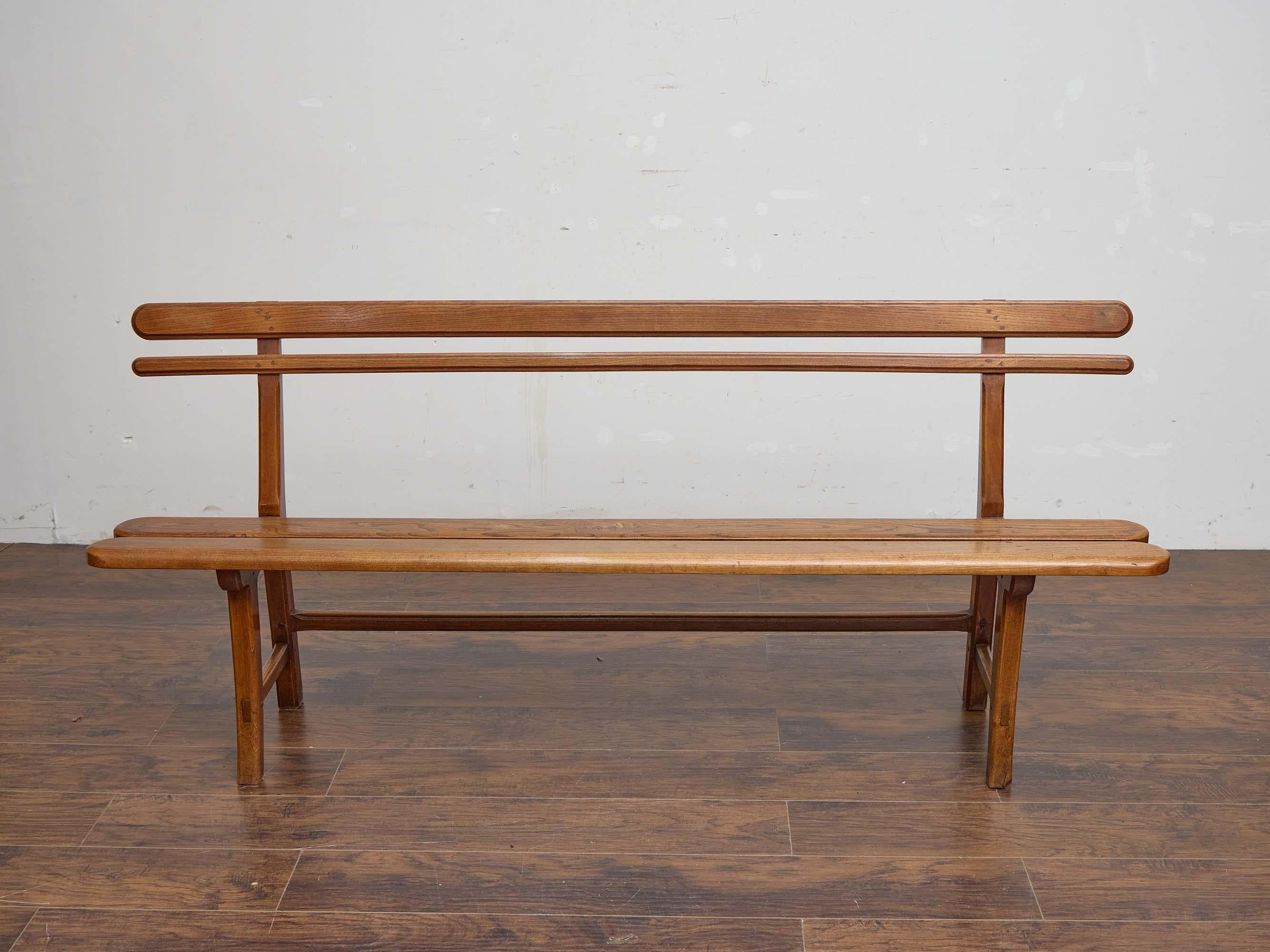 English 19th Century Elm Bench with Slat Back and Trestle Base For Sale 5