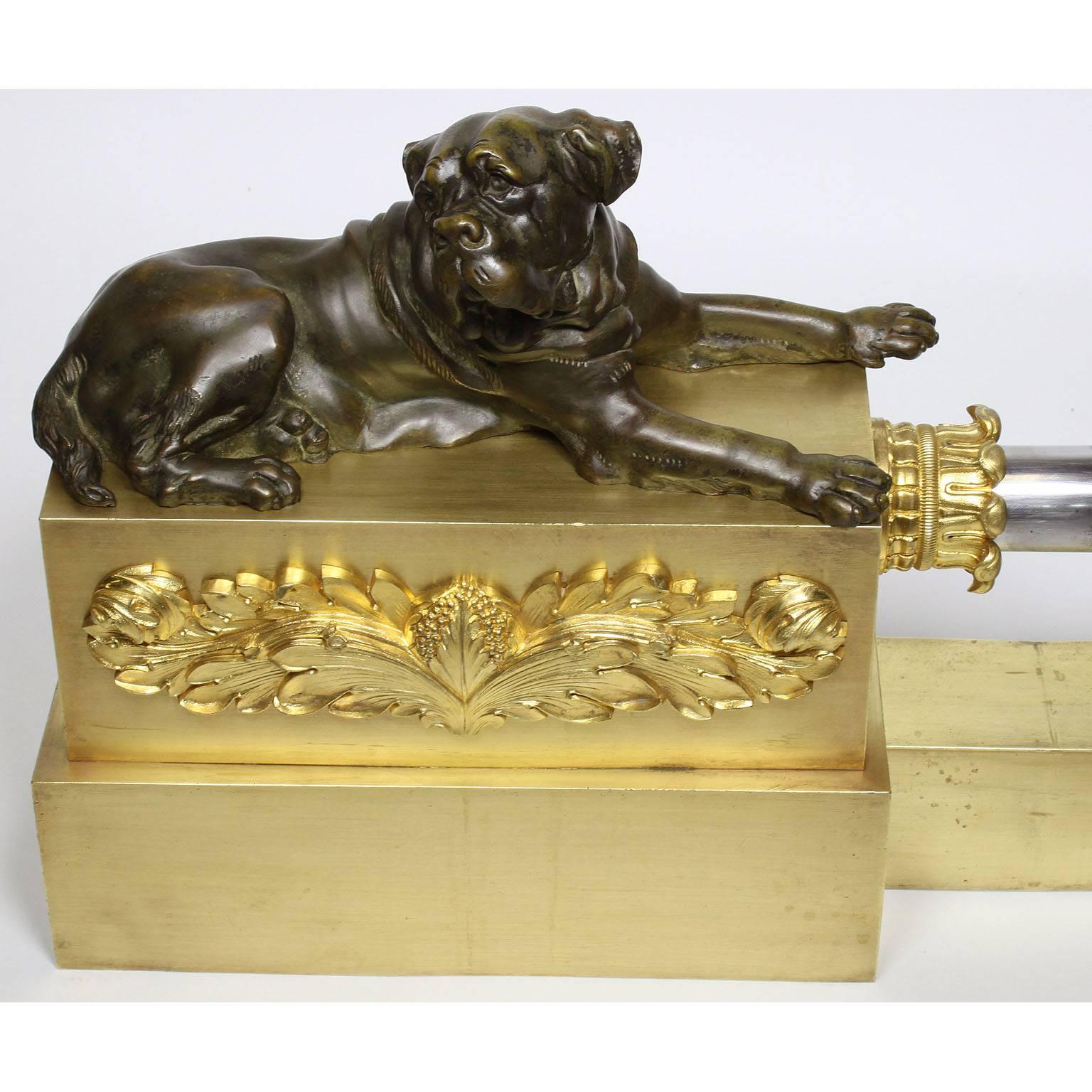 Plated English 19th Century Empire Style Gilt & Patinated Bronze Fireplace Dogs Fender For Sale