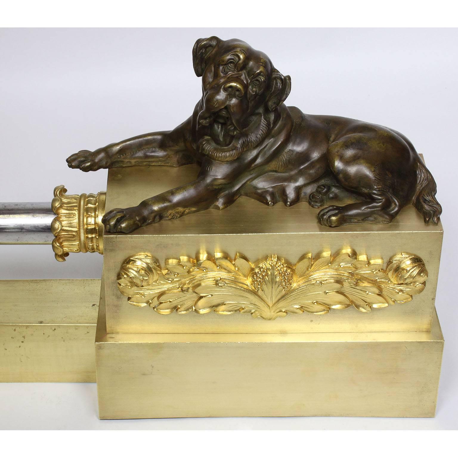 English 19th Century Empire Style Gilt & Patinated Bronze Fireplace Dogs Fender In Good Condition For Sale In Los Angeles, CA