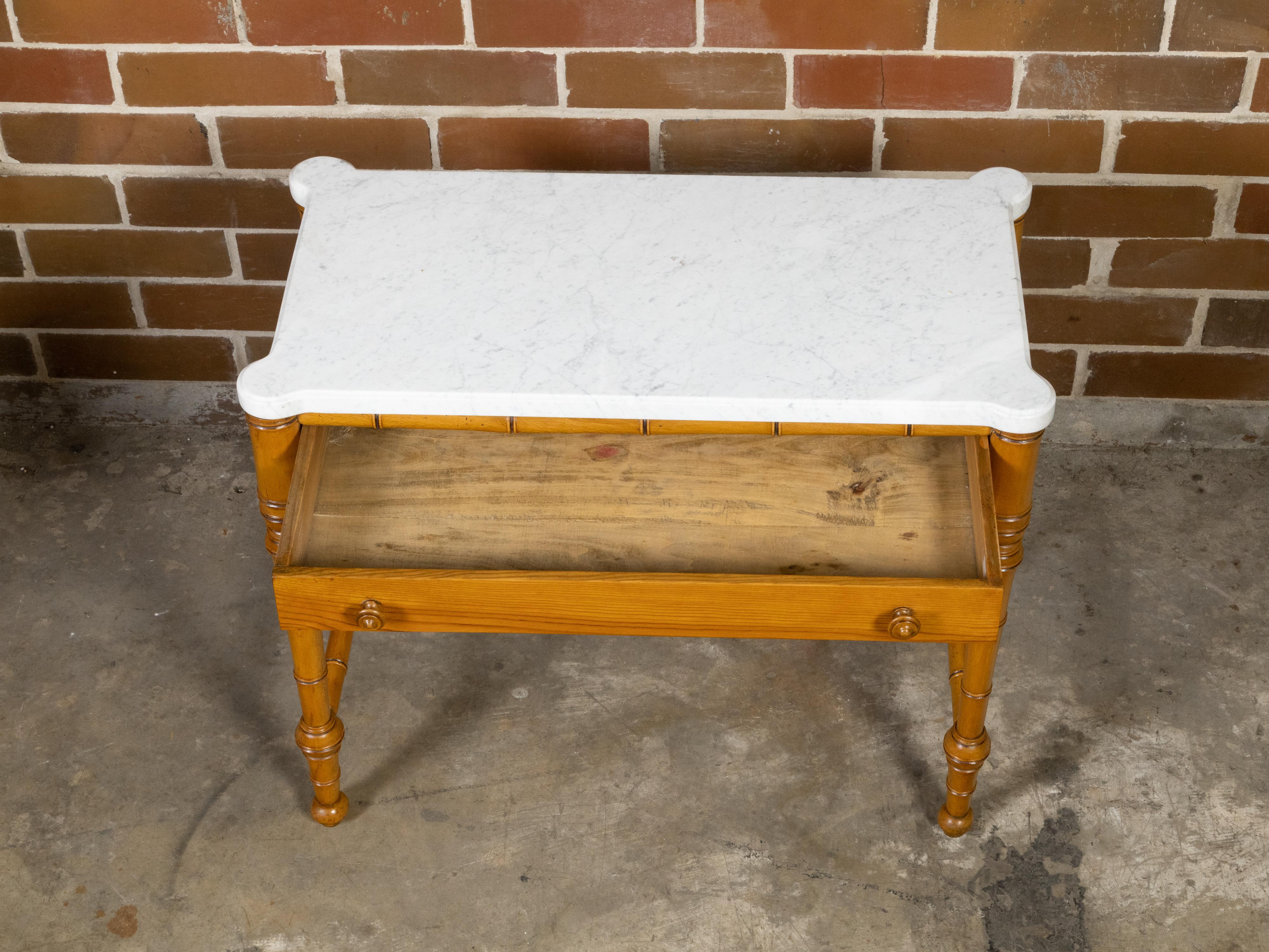 English 19th Century Faux Bamboo Console Table with Drawer and White Marble Top For Sale 1