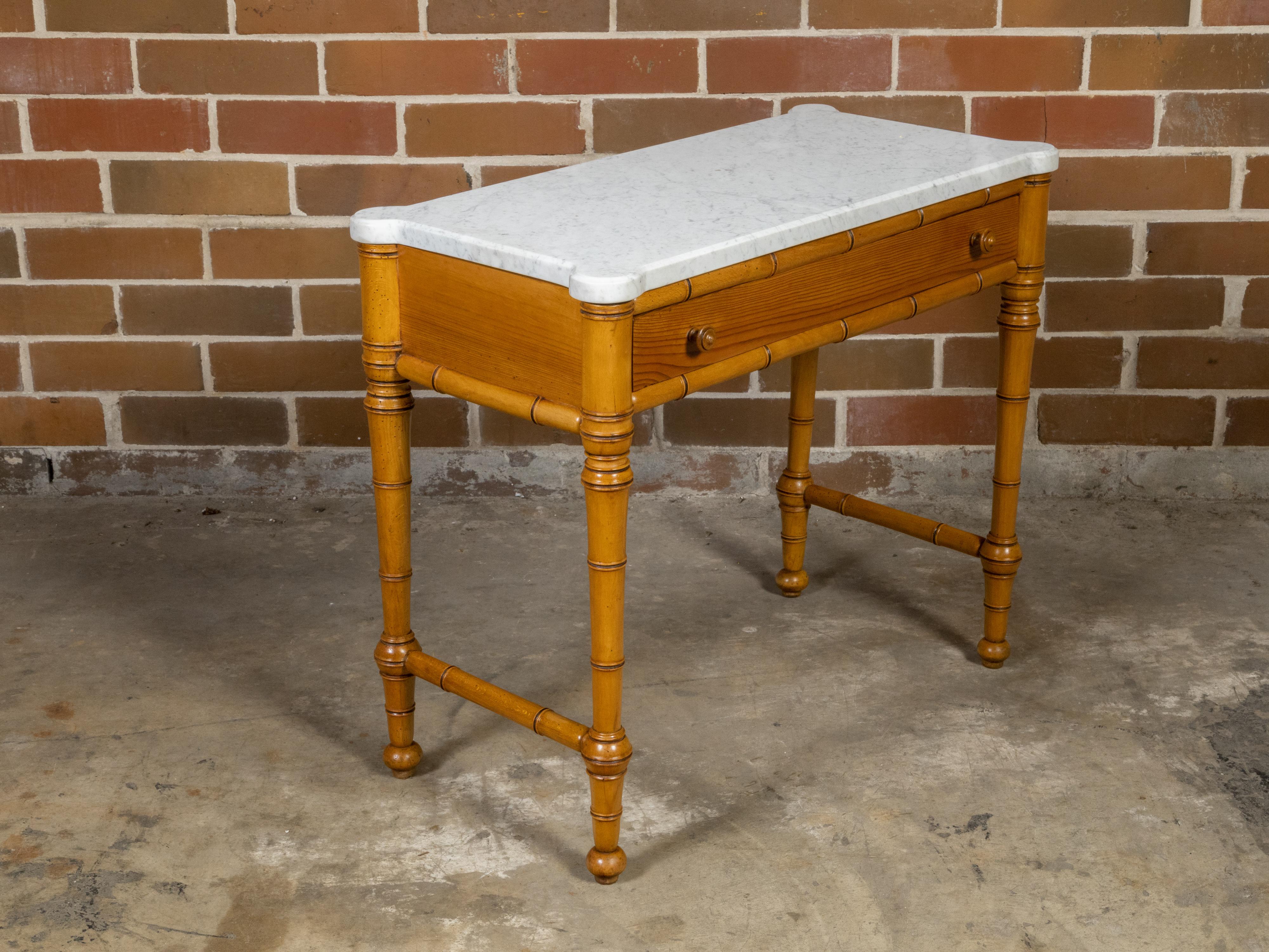 English 19th Century Faux Bamboo Console Table with Drawer and White Marble Top For Sale 2