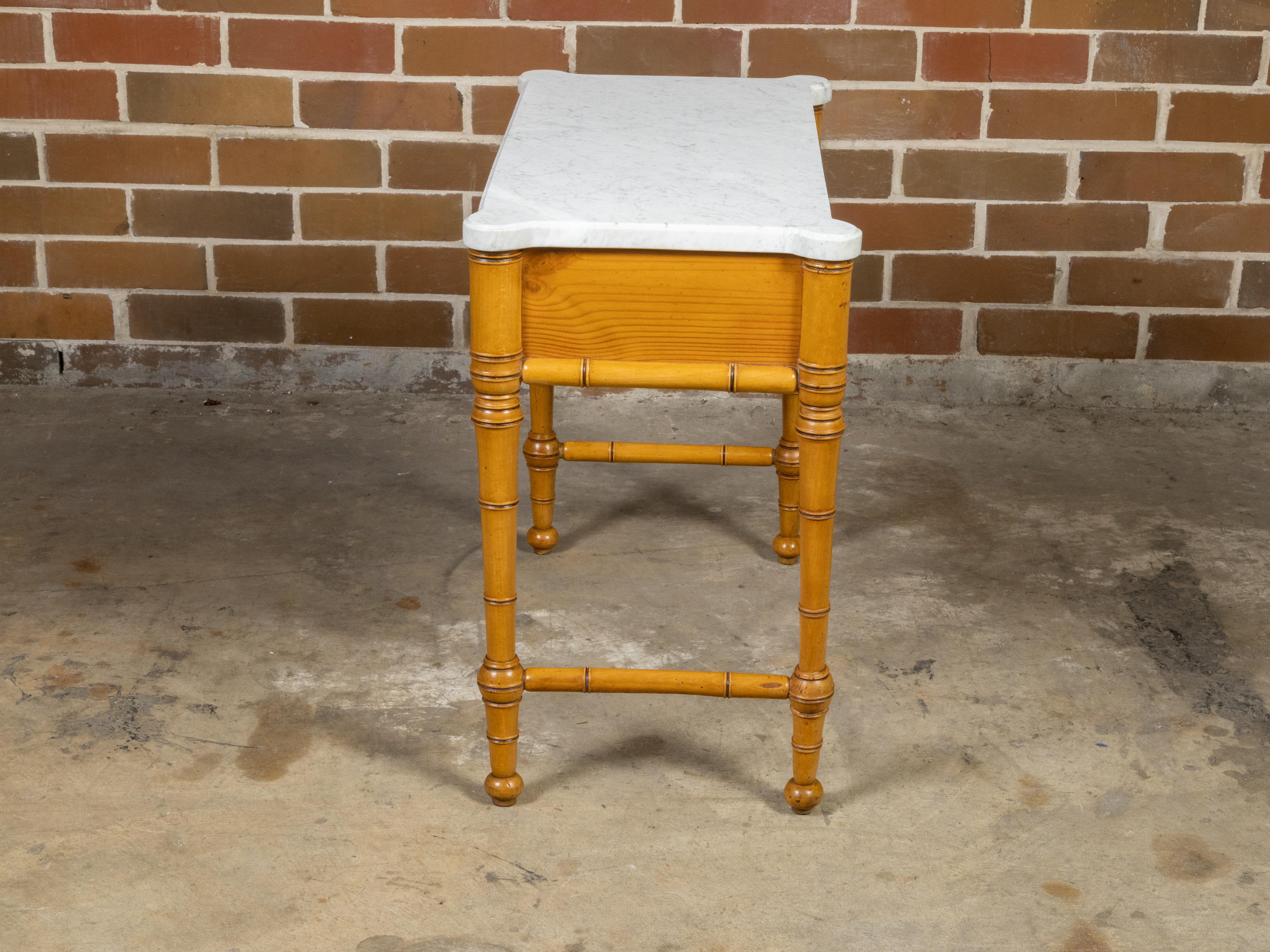 English 19th Century Faux Bamboo Console Table with Drawer and White Marble Top For Sale 4