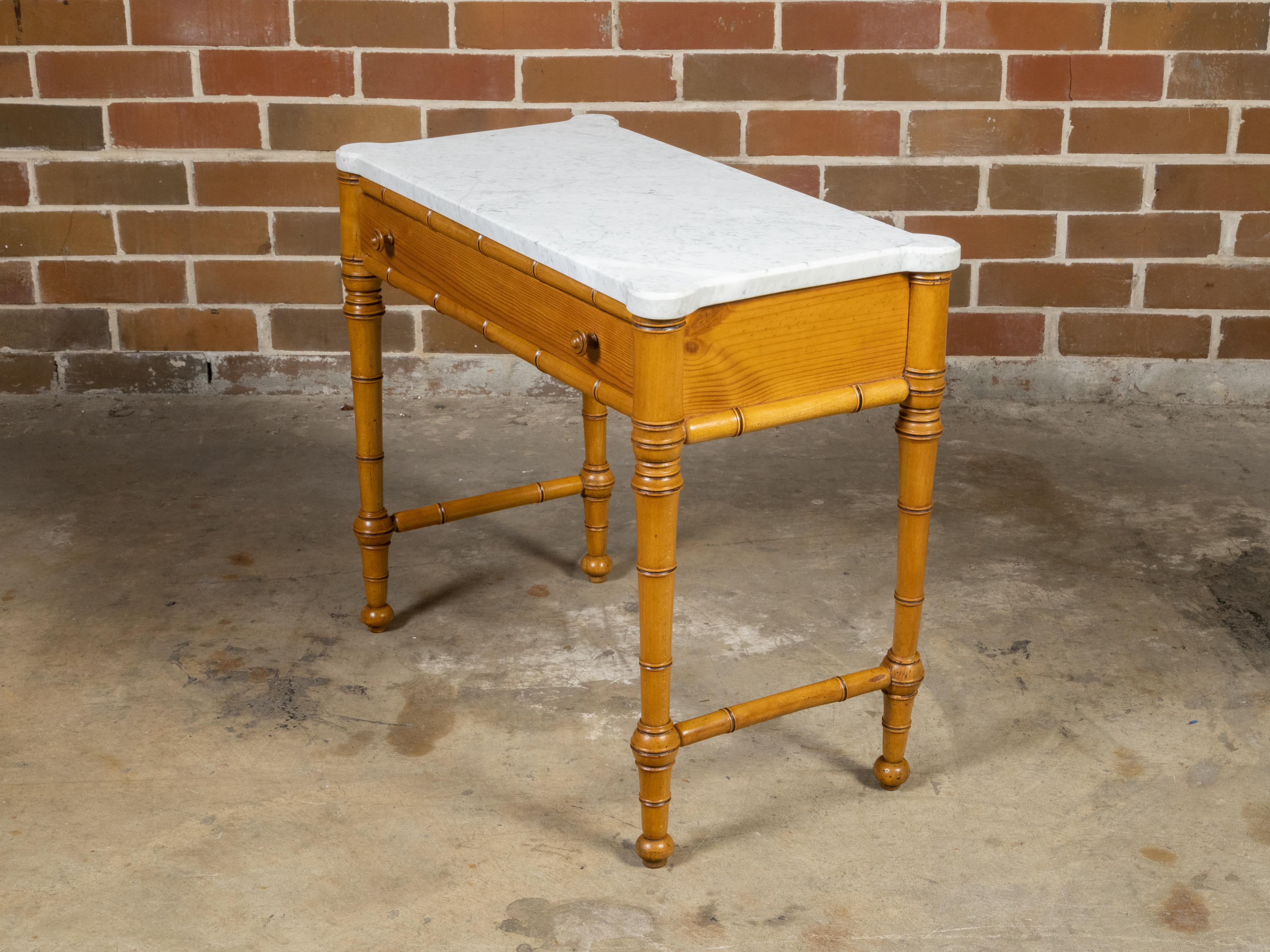English 19th Century Faux Bamboo Console Table with Drawer and White Marble Top For Sale 5