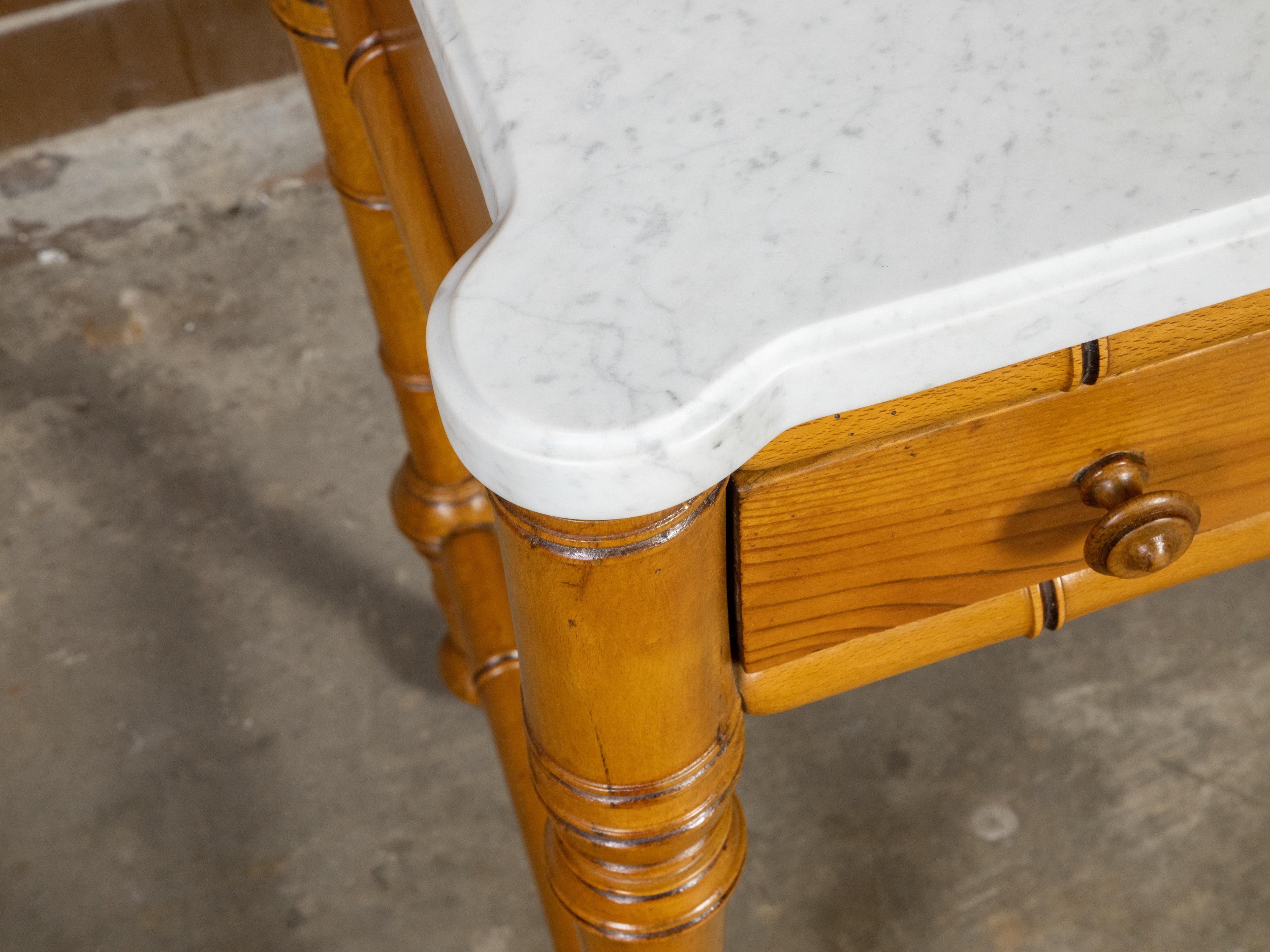 English 19th Century Faux Bamboo Console Table with Drawer and White Marble Top For Sale 6