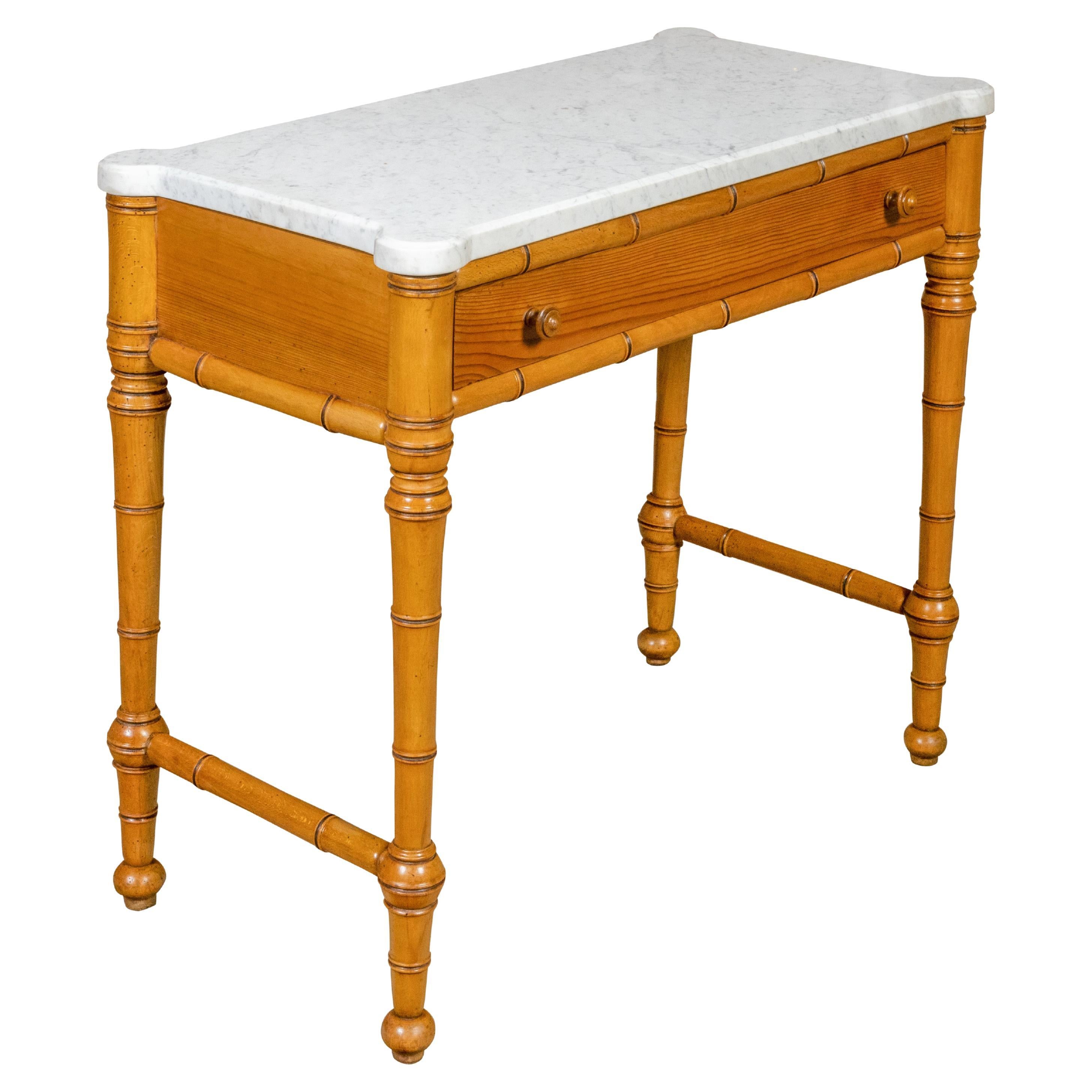 English 19th Century Faux Bamboo Console Table with Drawer and White Marble Top For Sale