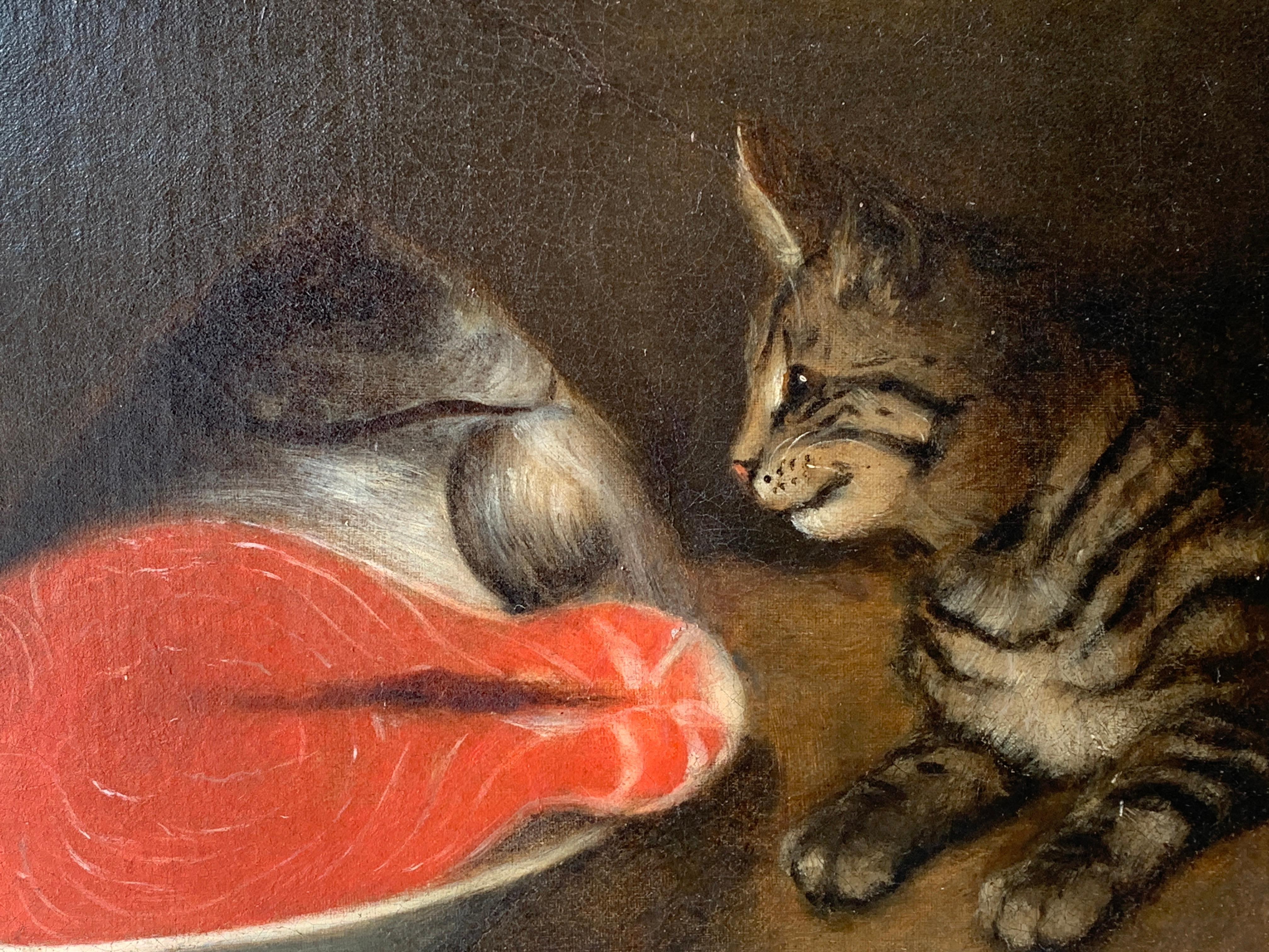 19th century English Folk Art, cat looking at with crab and fish in a bowel - Painting by Unknown