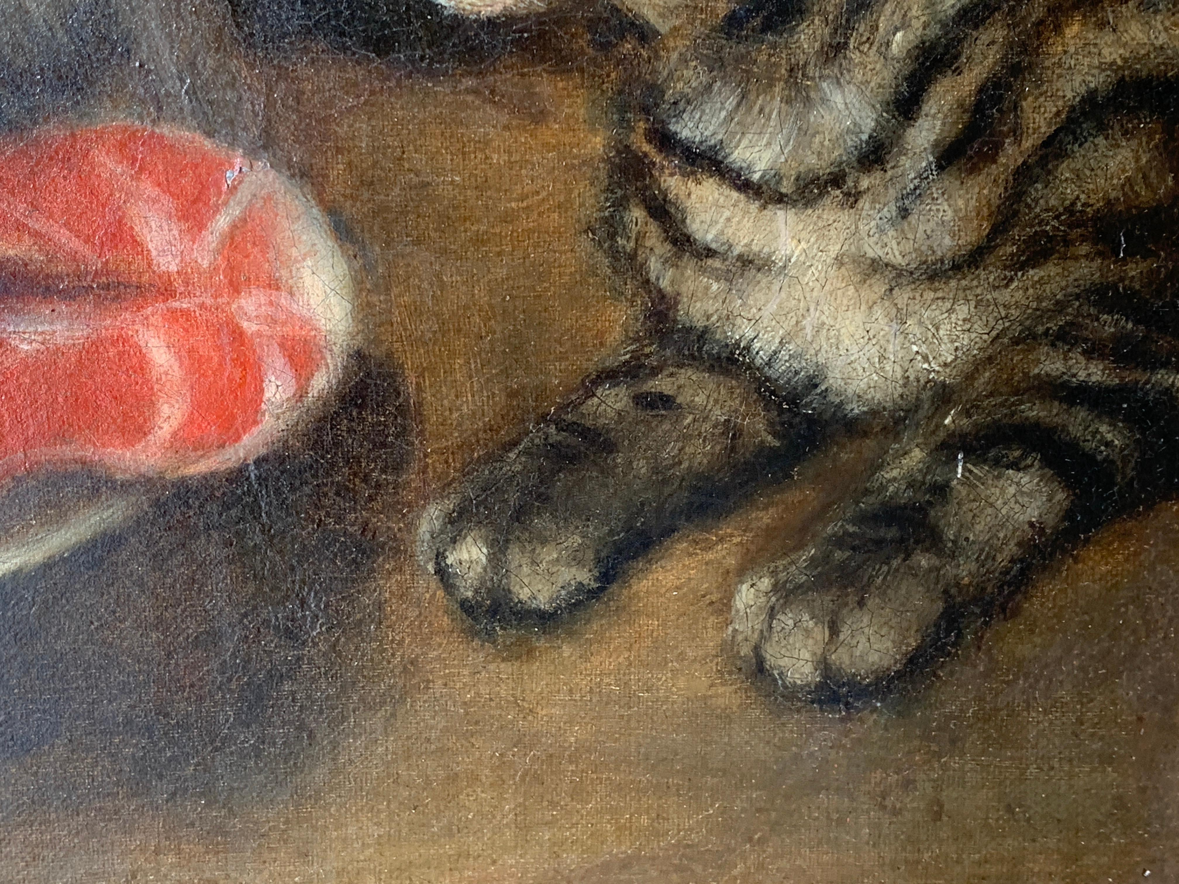 English Antique mid-19th-century oil on canvas of a cat looking at a crab and side of Salmon.

Unique Folk art painting of amazing quality and decorative appeal.

Engish folk art from this period is quite rare and such a composition as this