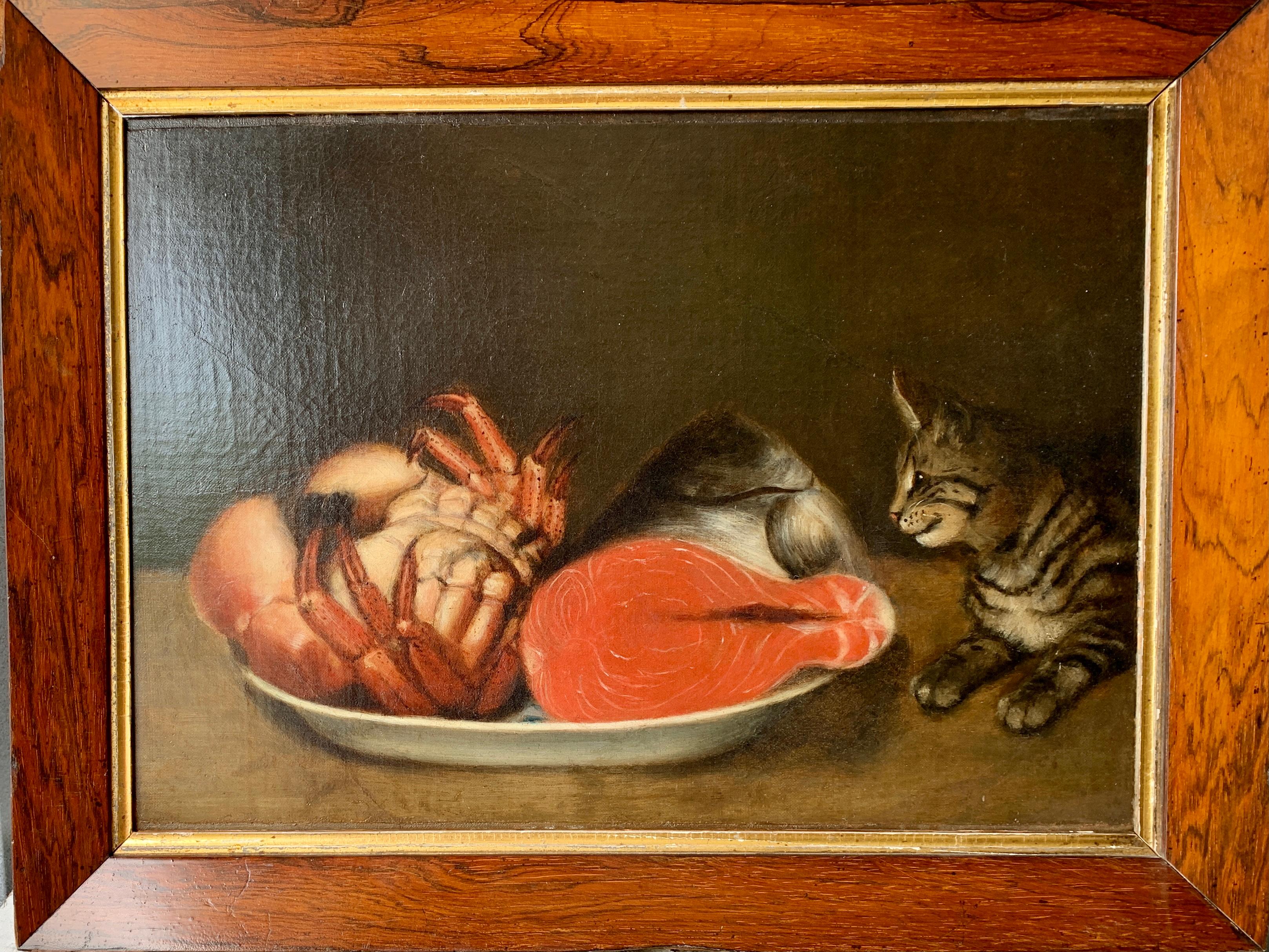 19th century English Folk Art, cat looking at with crab and fish in a bowel