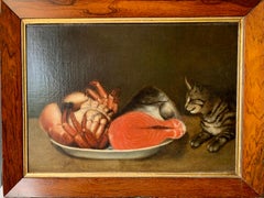 19th century English Folk Art, cat looking at with crab and fish in a bowel