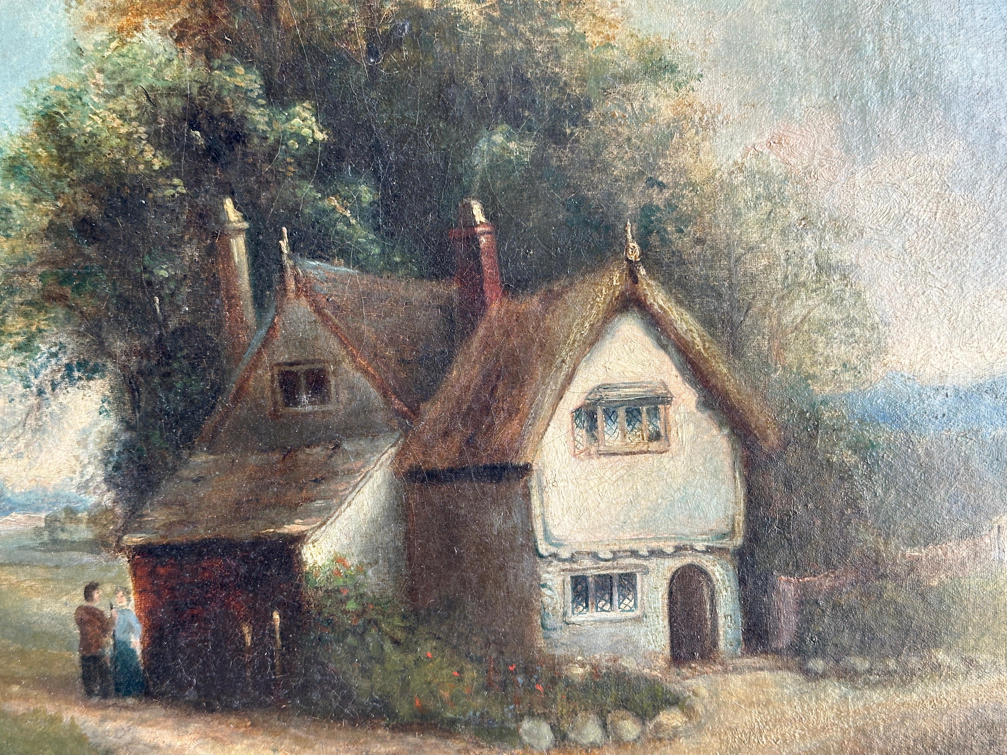 Paesaggio folkloristico inglese del XIX secolo con cottage - Painting di English 19th century Folk Art
