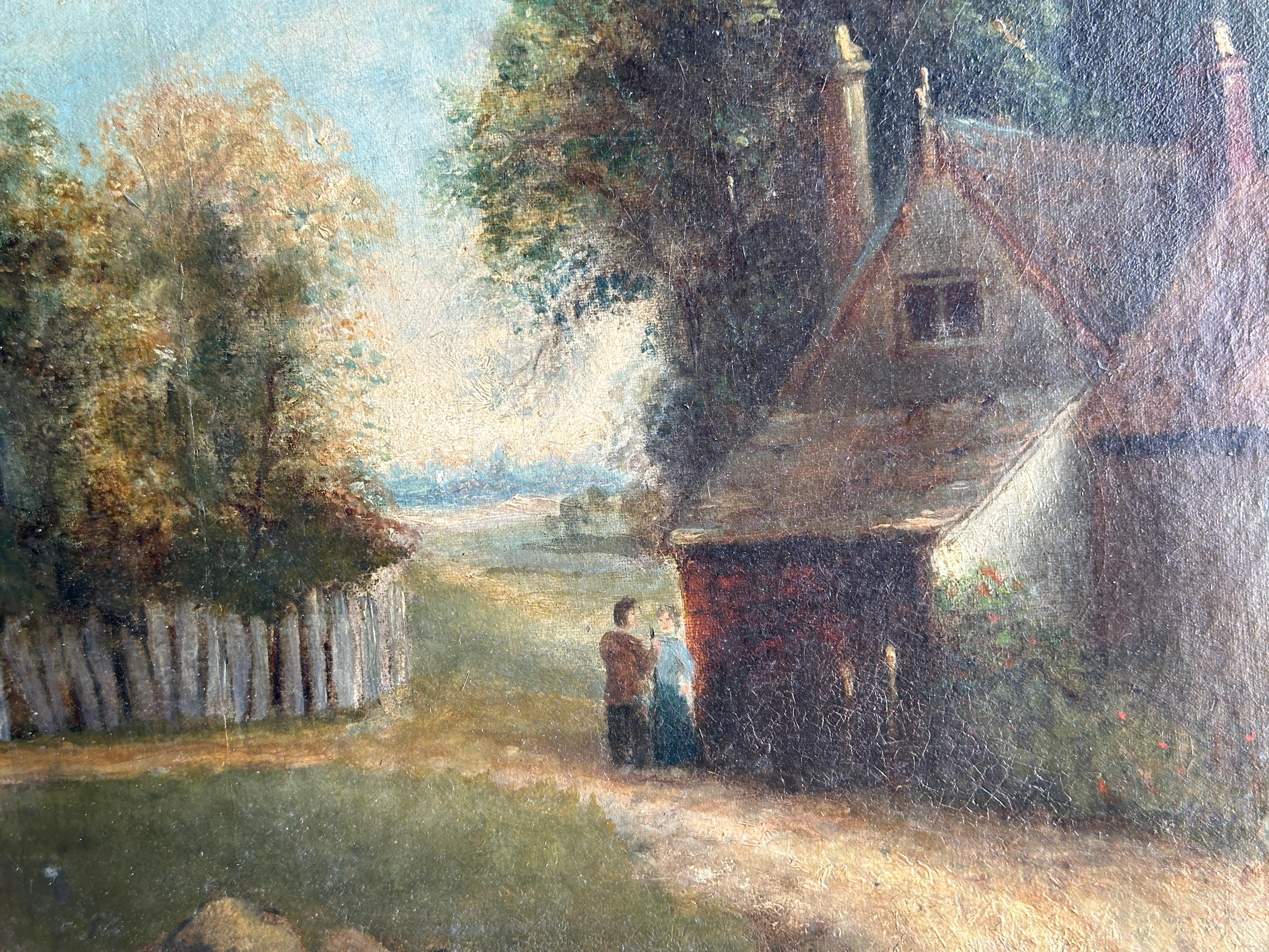 Paesaggio folkloristico inglese del XIX secolo con cottage - Painting Arte popolare di English 19th century Folk Art