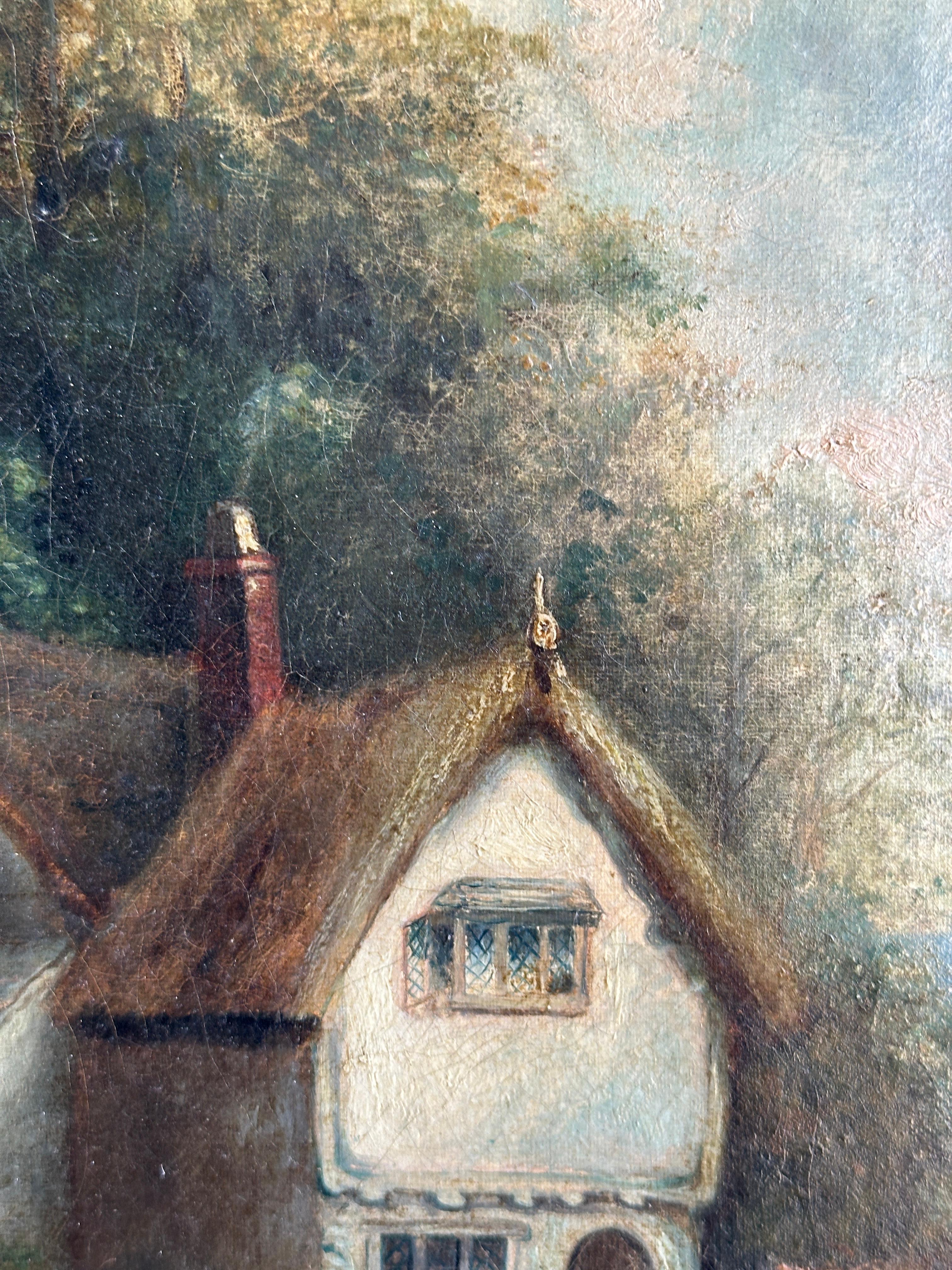 Paesaggio folkloristico inglese del XIX secolo con cottage - Figurative Painting Grigio di English 19th century Folk Art