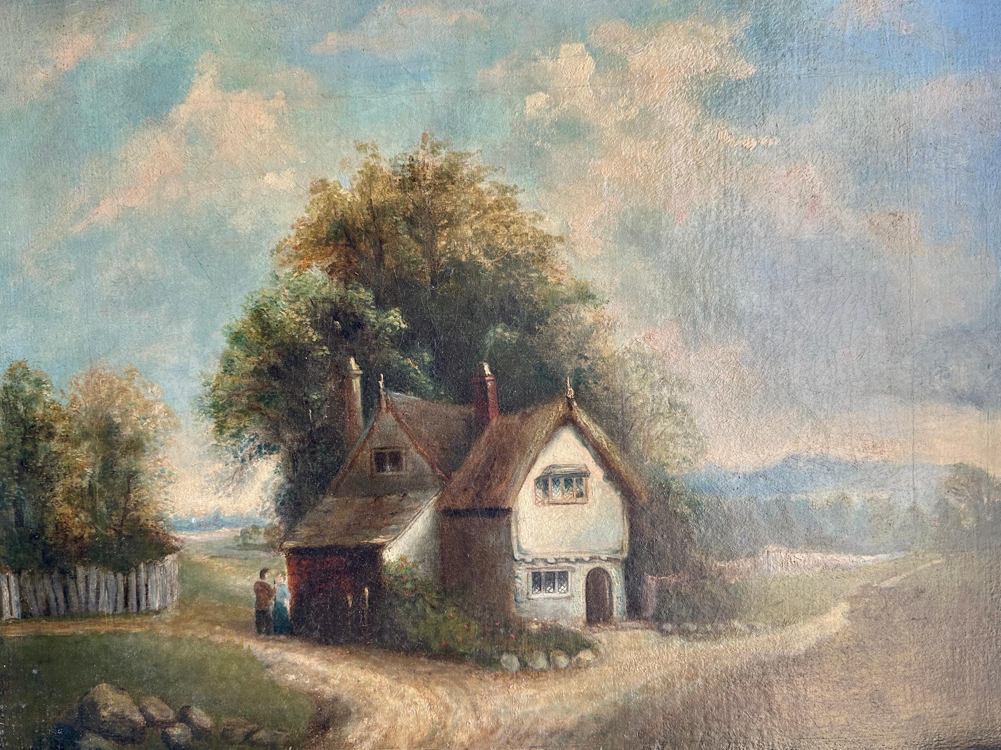 Paisaje de arte popular inglés del siglo XIX con casa de campo