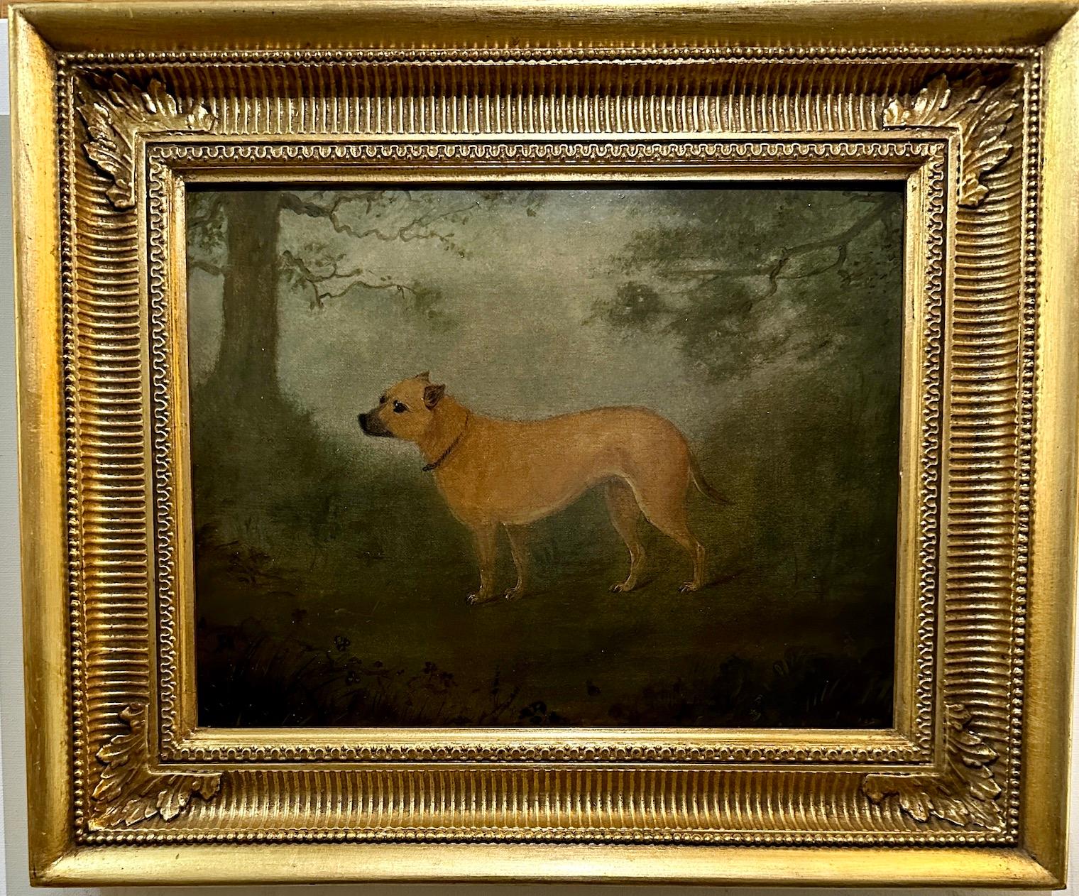 English 19th century Folk Art portrait of a dog, terrier, hound landscape