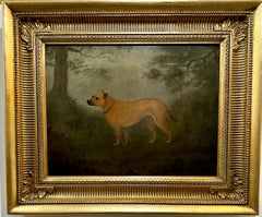 Vintage English 19th century Folk Art portrait of a dog, terrier, hound landscape