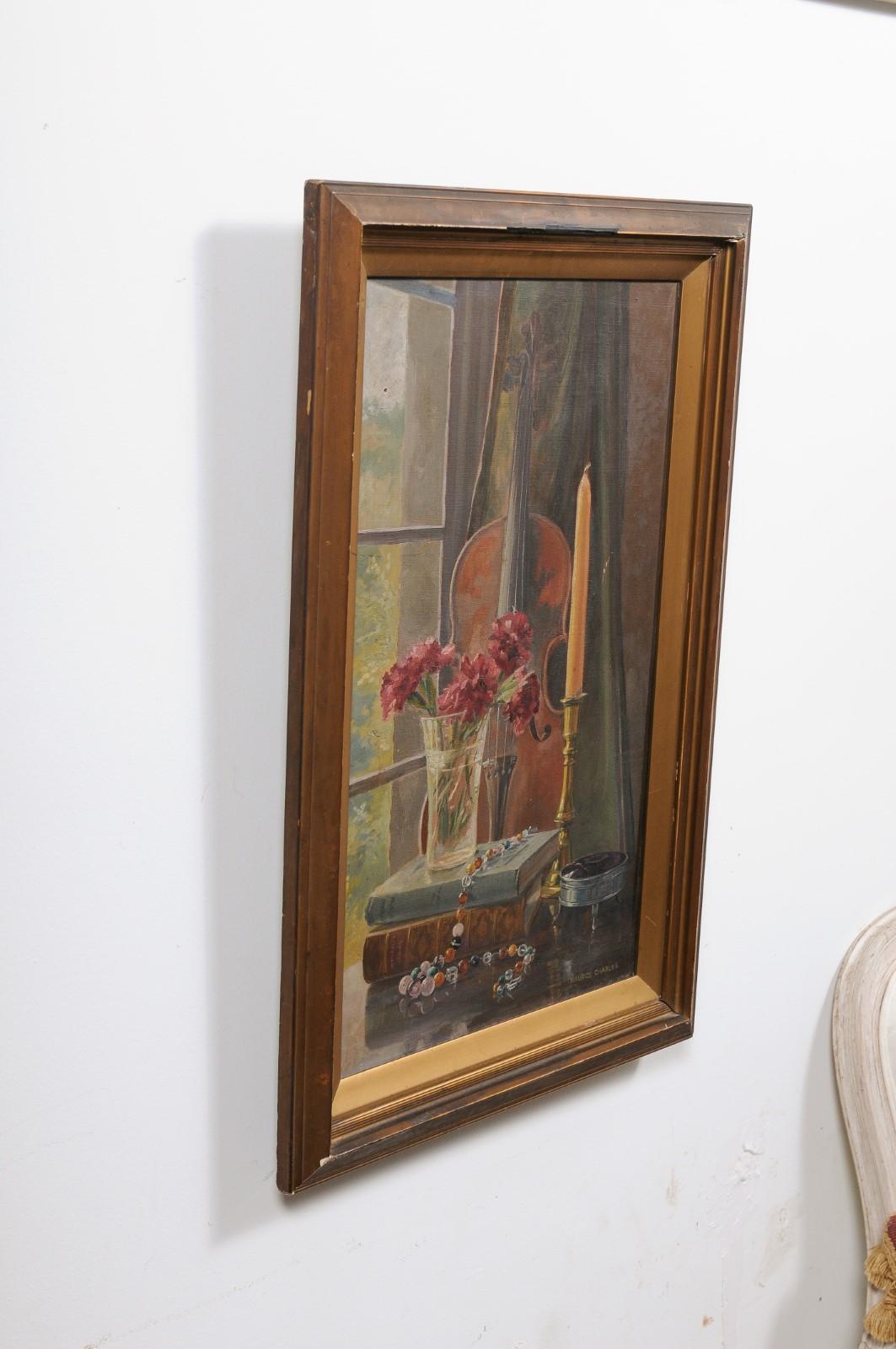 Canvas English 19th Century Framed Still-Life Violin Painting Signed Maurice Charles For Sale