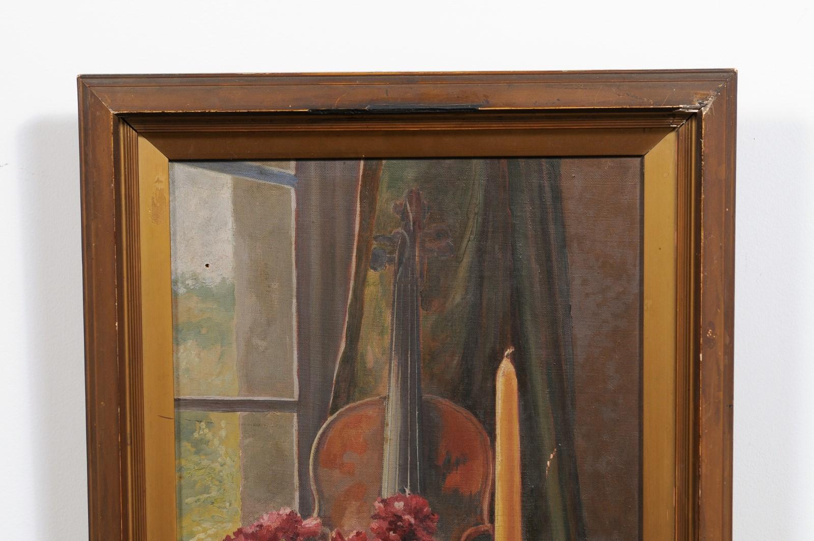 XIXe siècle Nature morte anglaise du 19ème siècle encadrée, peinture de violon signée Maurice Charles en vente