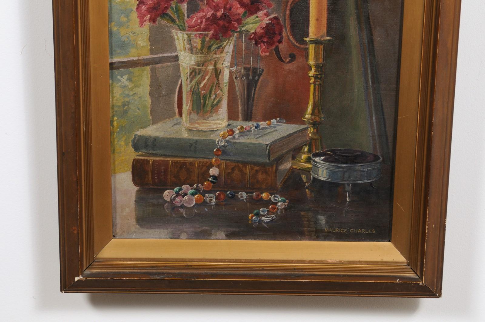 English 19th Century Framed Still-Life Violin Painting Signed Maurice Charles For Sale 2