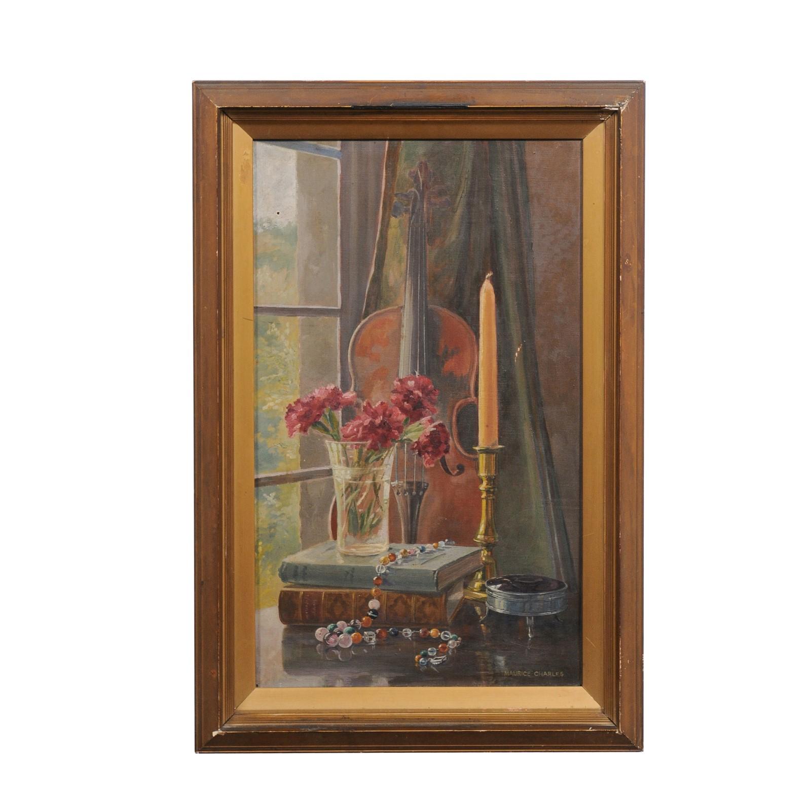 English 19th Century Framed Still-Life Violin Painting Signed Maurice Charles For Sale