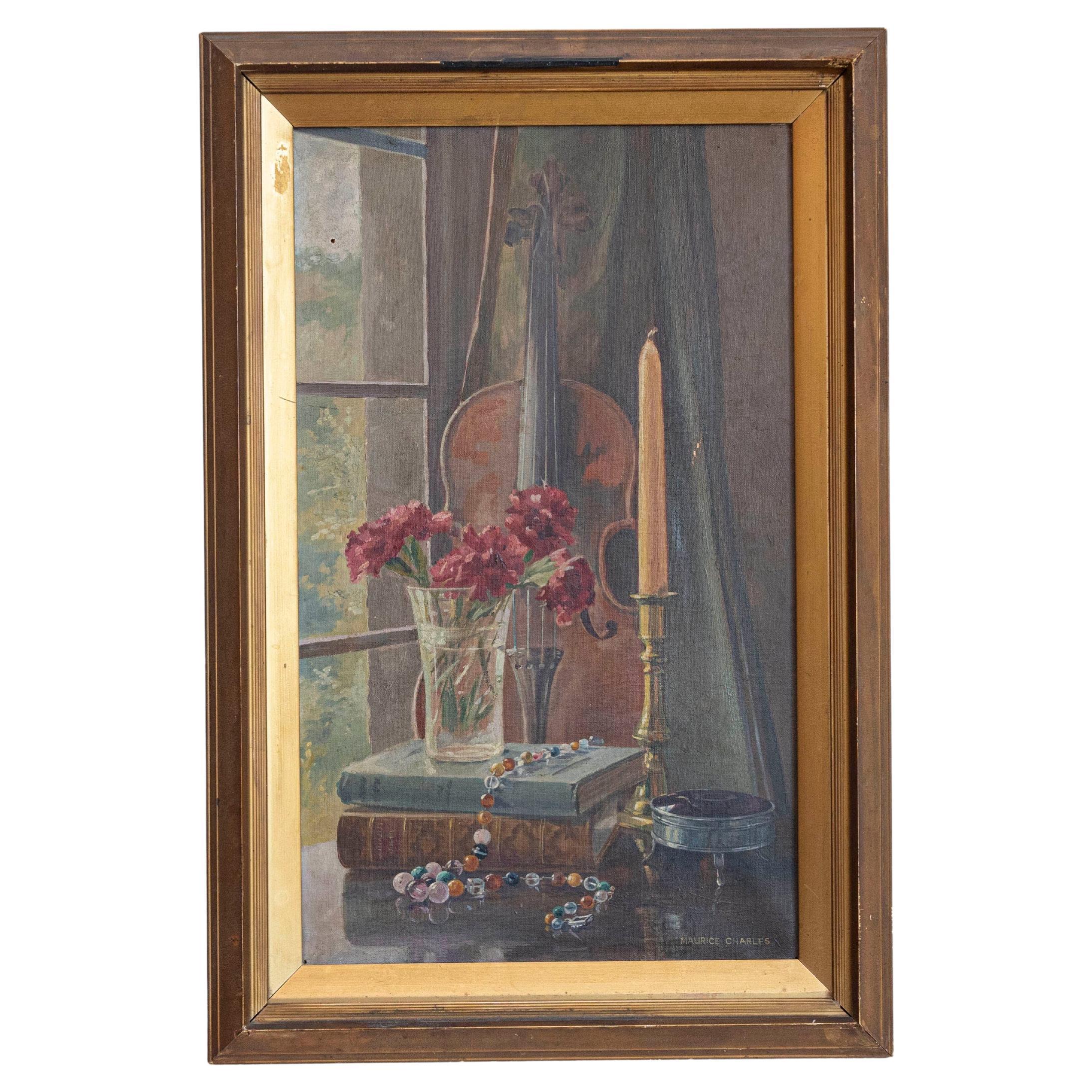 English 19th Century Framed Still-Life Violin Painting Signed Maurice Charles