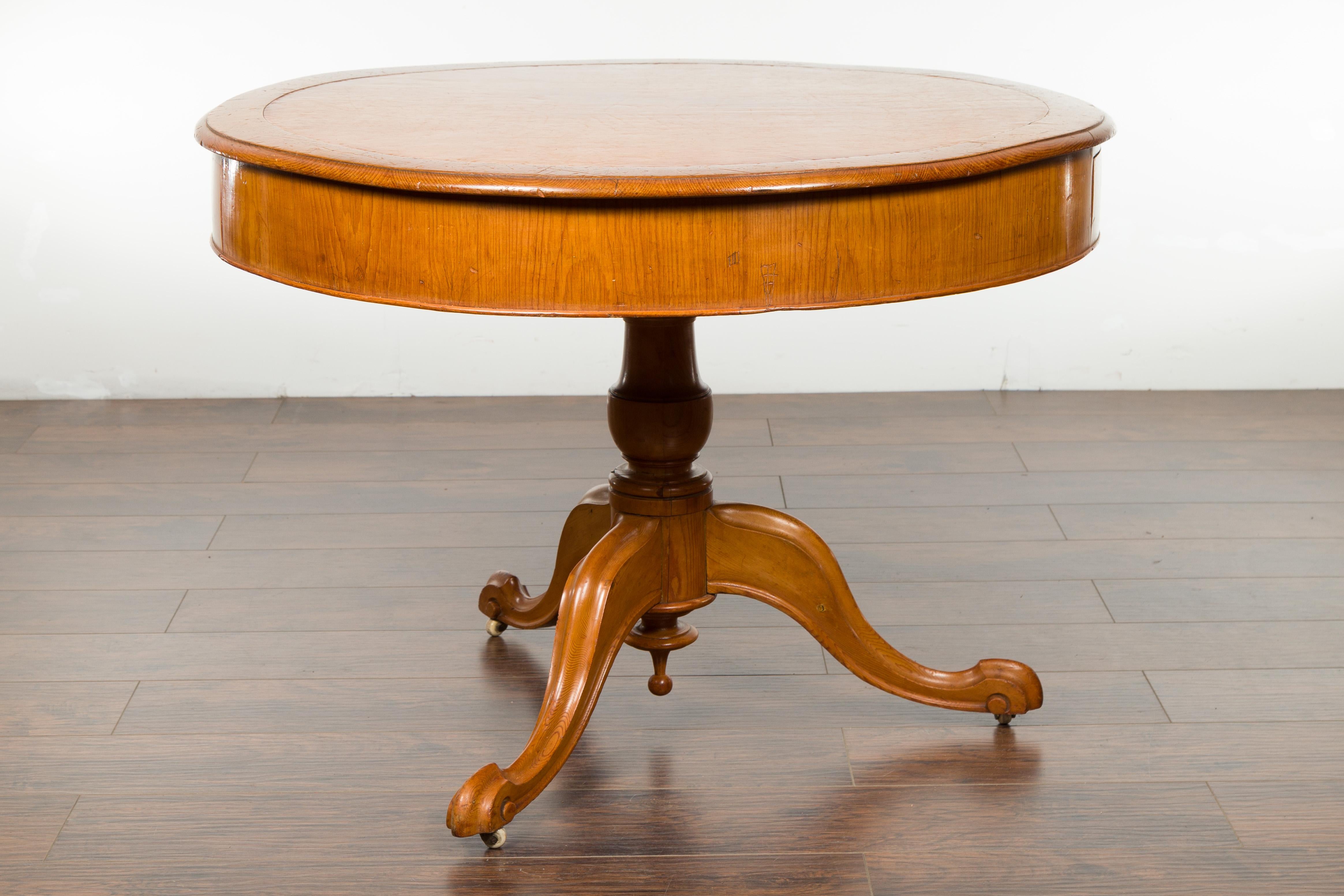 English 19th Century Fruitwood Table with Brown Leather Top and Tripod Base 7