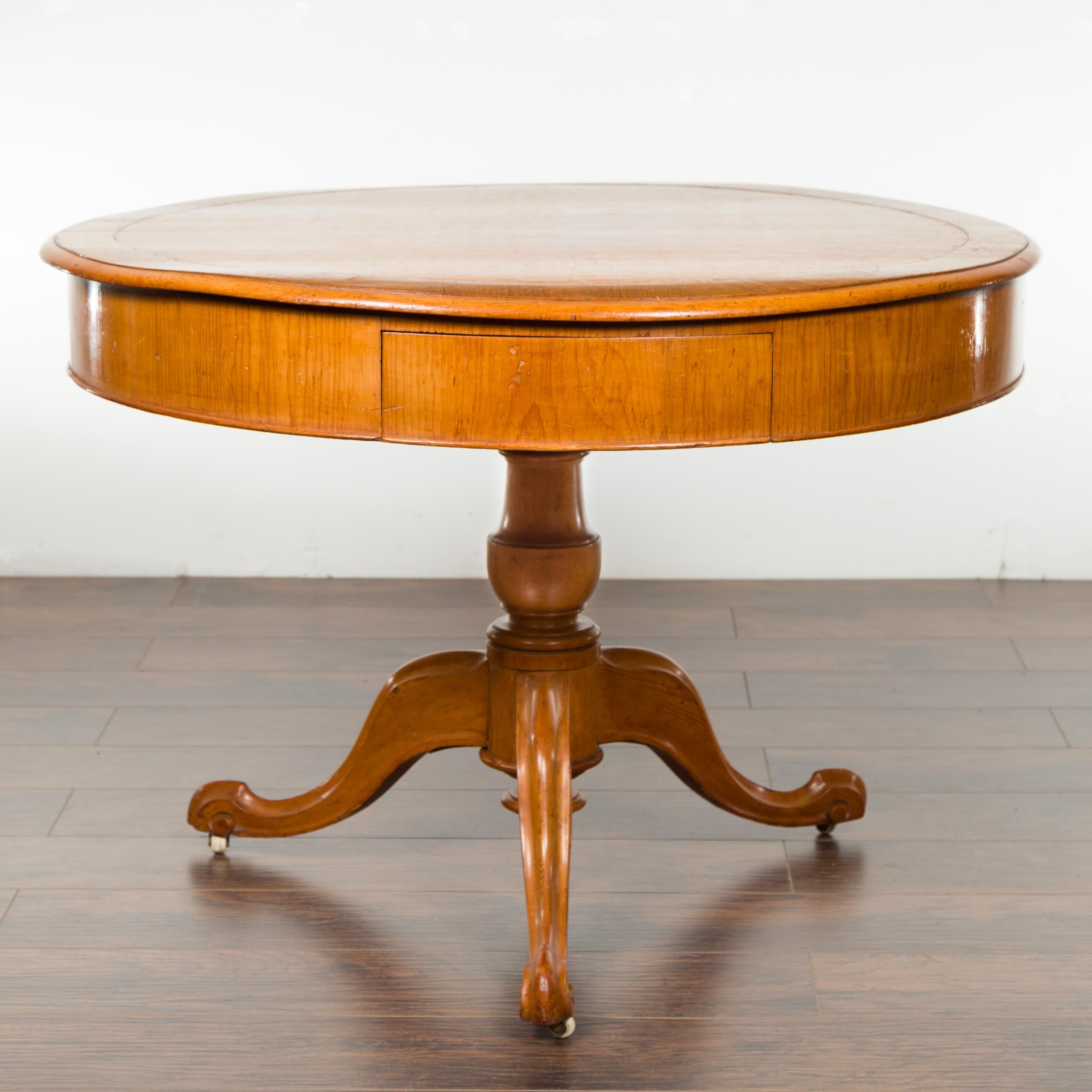 English 19th Century Fruitwood Table with Brown Leather Top and Tripod Base In Good Condition In Atlanta, GA