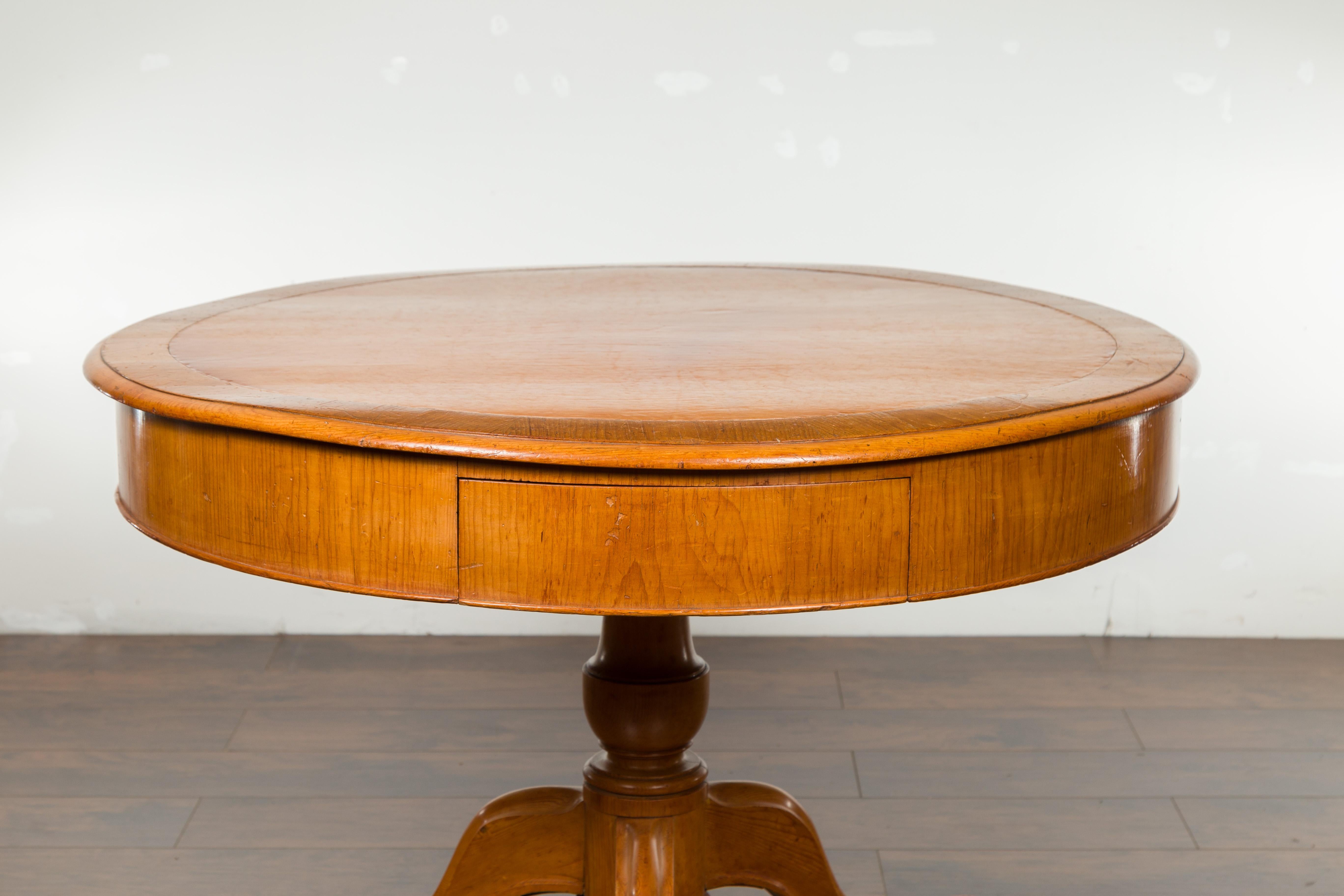 English 19th Century Fruitwood Table with Brown Leather Top and Tripod Base 1