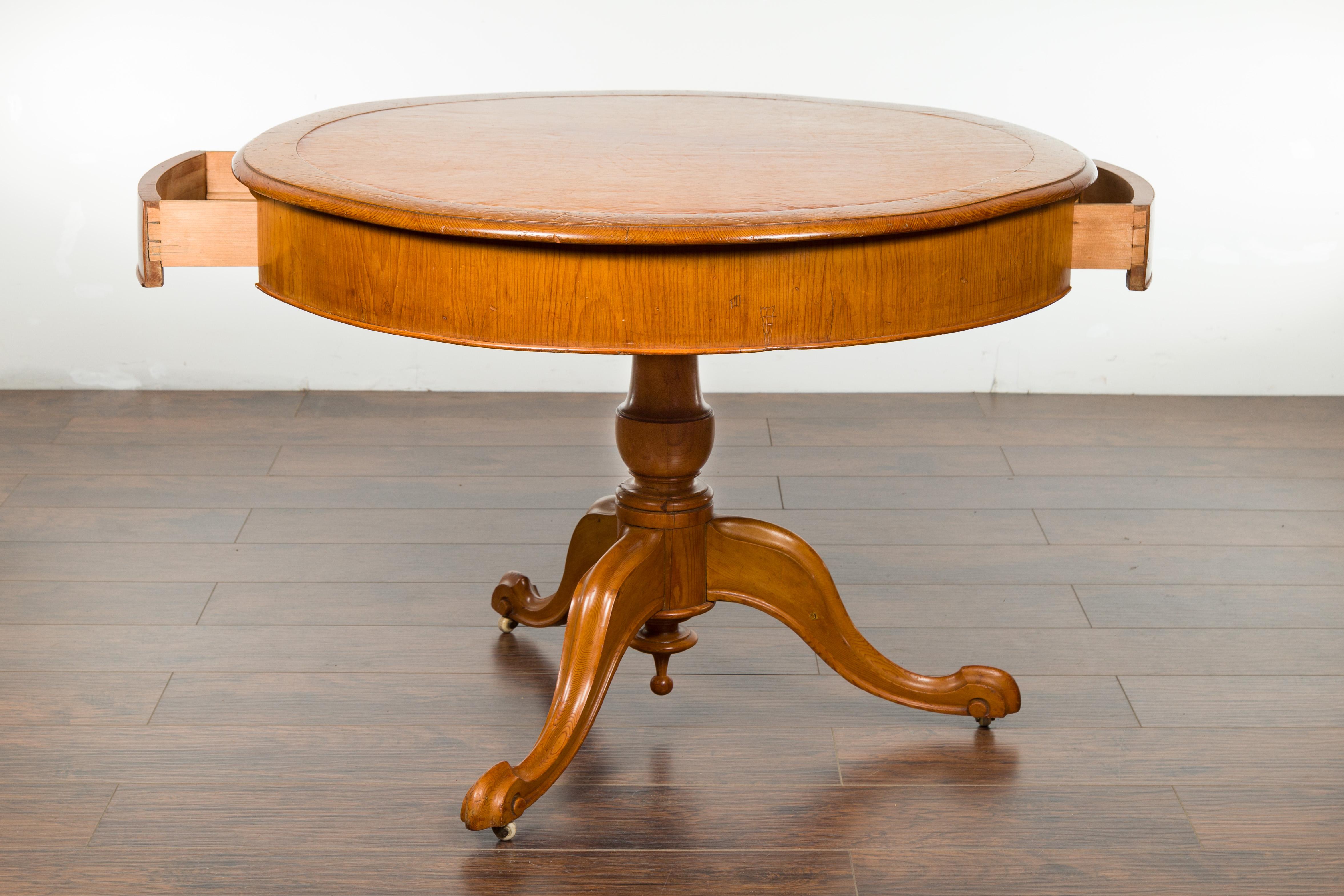 English 19th Century Fruitwood Table with Brown Leather Top and Tripod Base 5