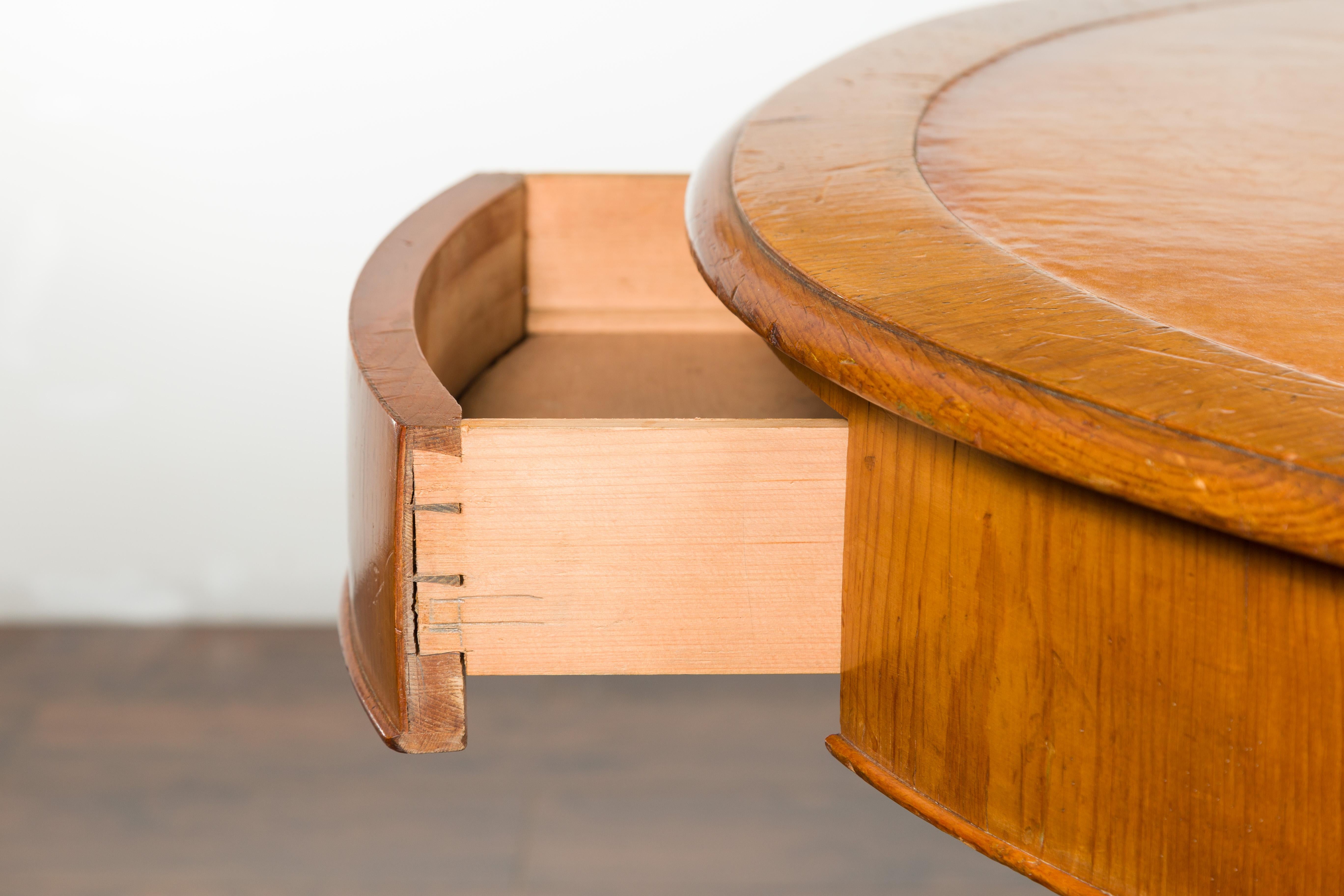 English 19th Century Fruitwood Table with Brown Leather Top and Tripod Base 6