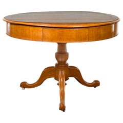 English 19th Century Fruitwood Table with Brown Leather Top and Tripod Base
