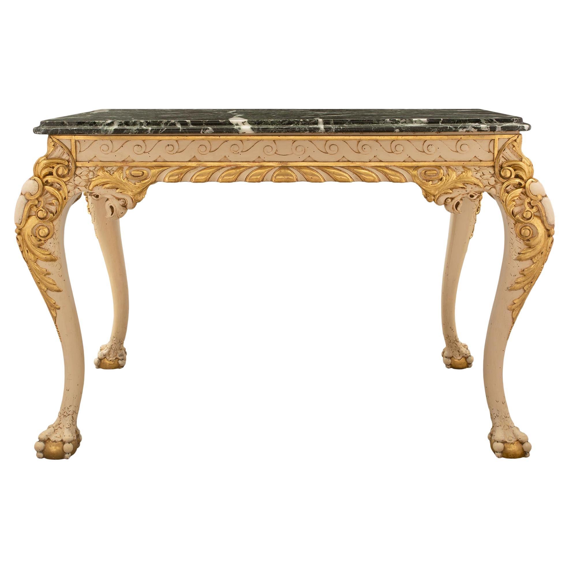 Table centrale anglaise George II du 19ème siècle en bois doré et marbre