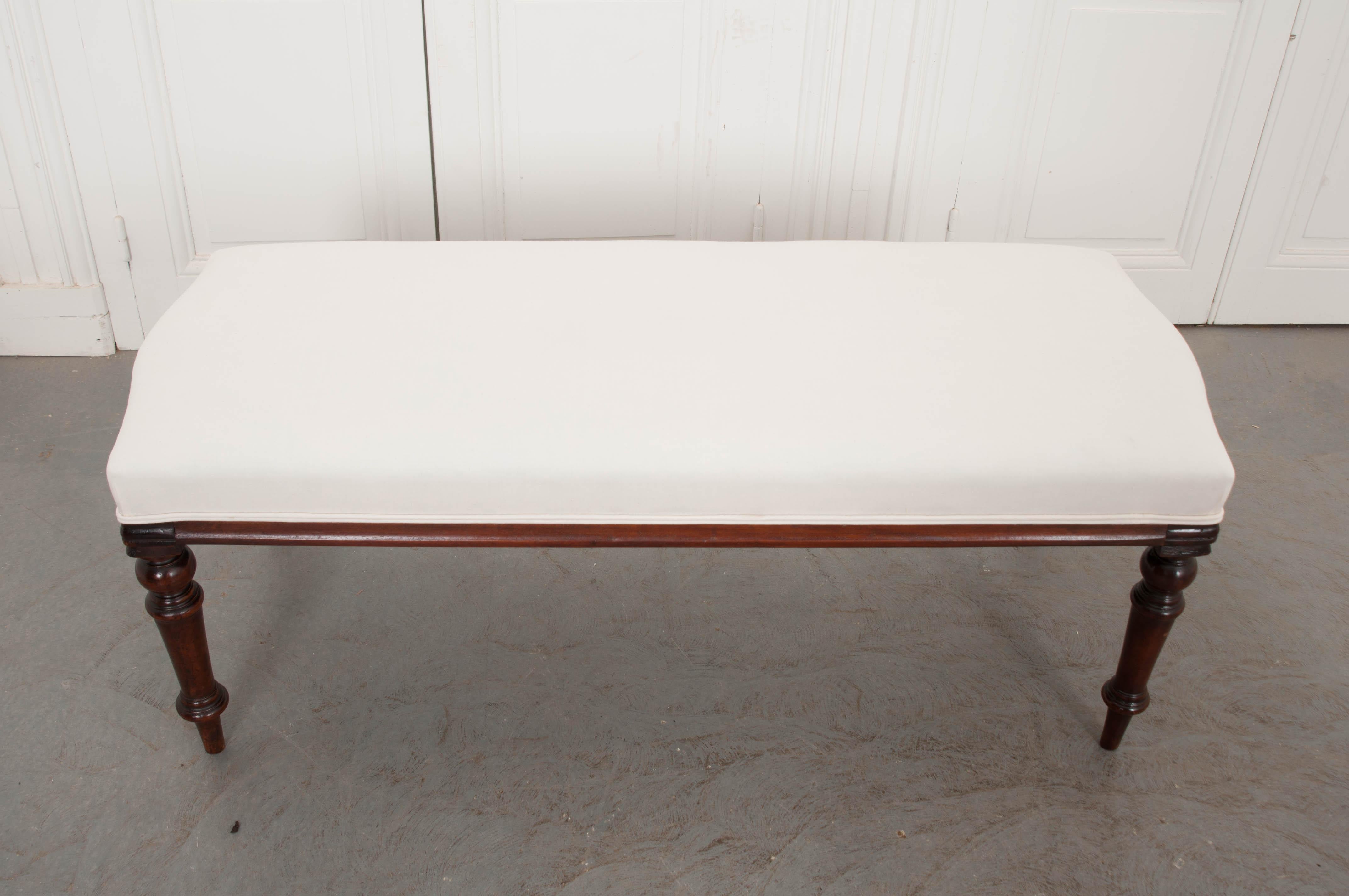 Hand-Carved English 19th Century George III Mahogany Upholstered Bench