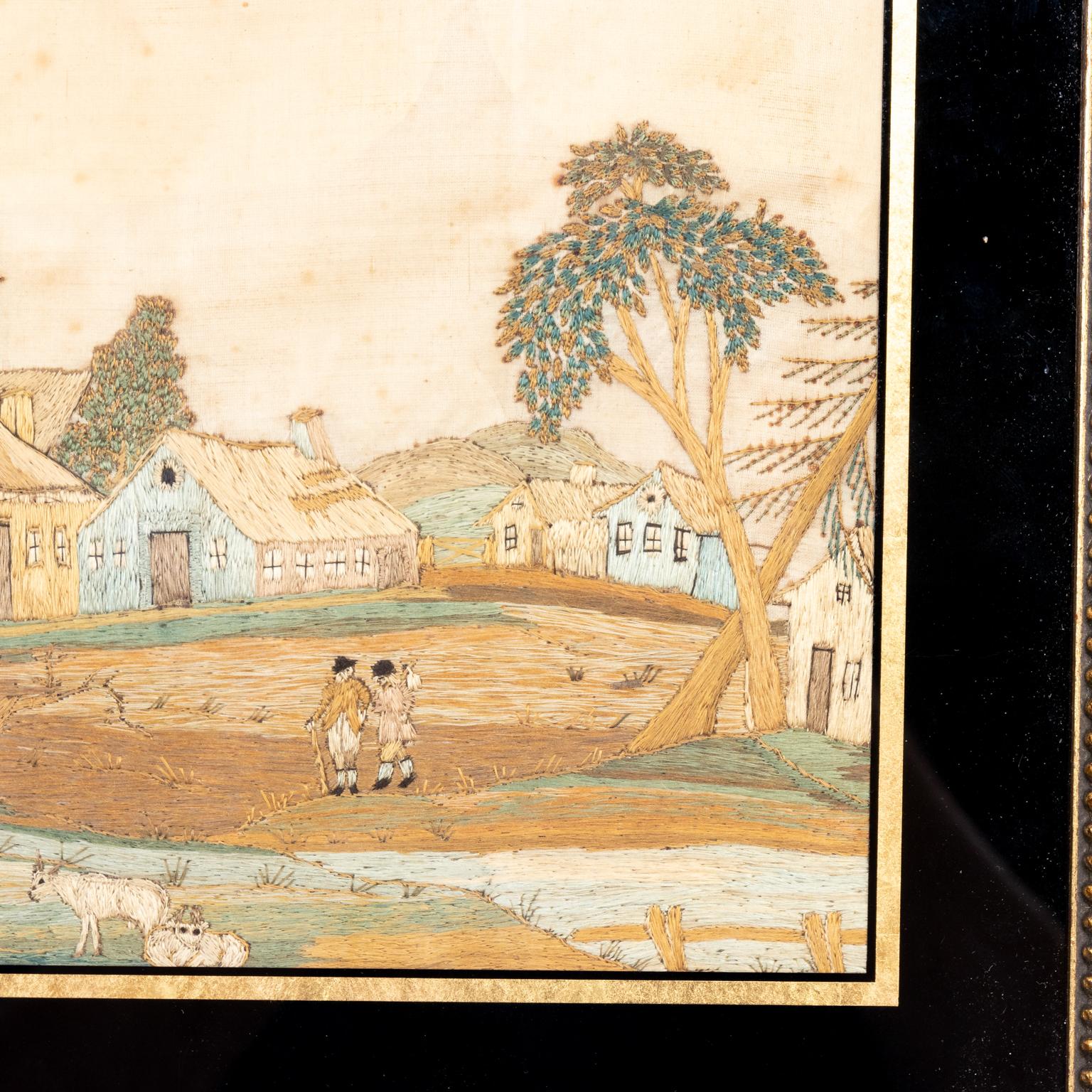 English 19th Century Georgian Silk Needlework Village Scene In Good Condition In Stamford, CT