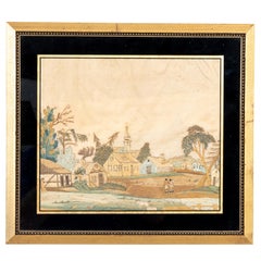 English 19th Century Georgian Silk Needlework Village Scene