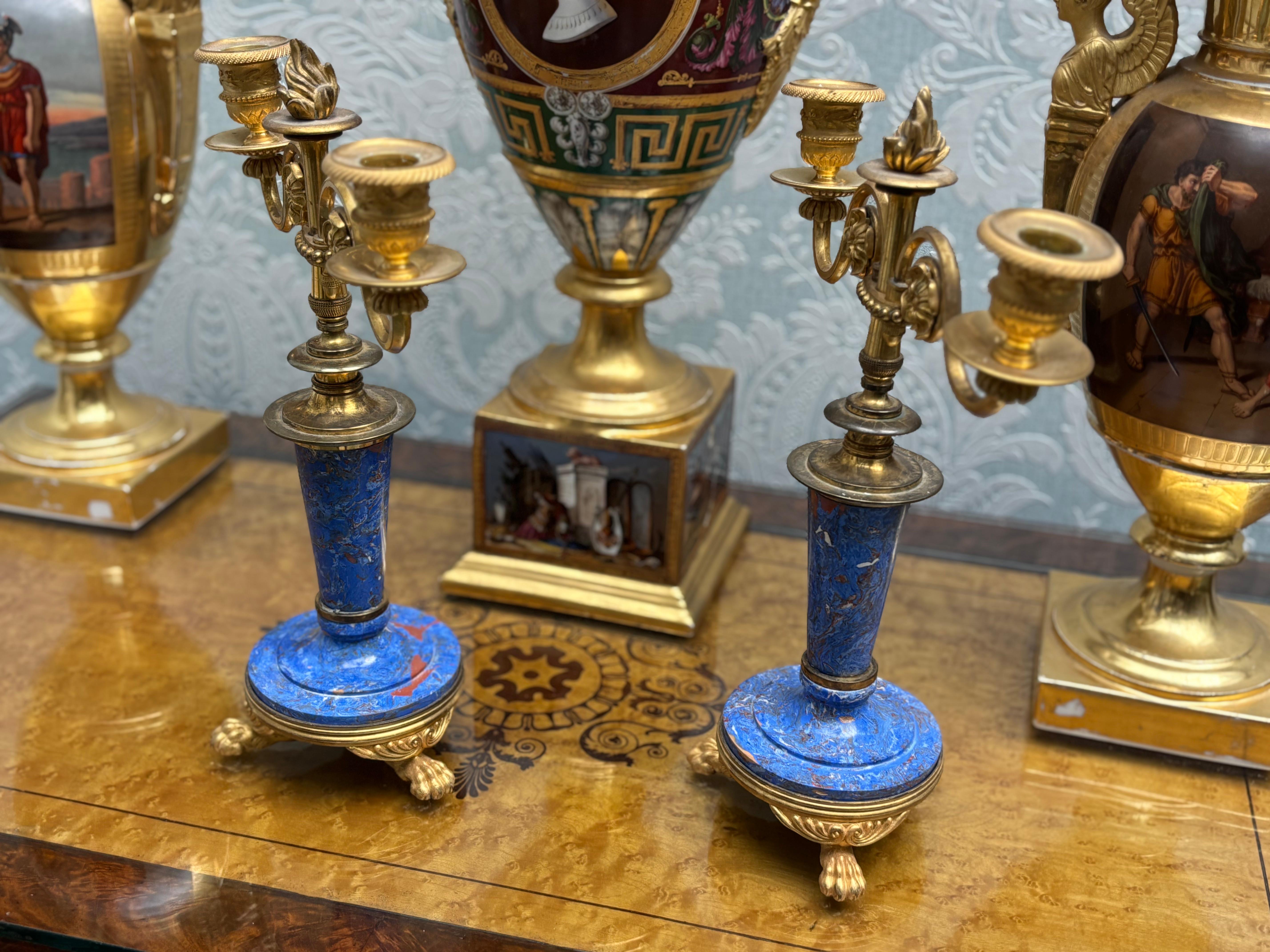 English 19th Century Gilt Bronze and Lapis Lazuli Scagliola Candlesticks For Sale 6