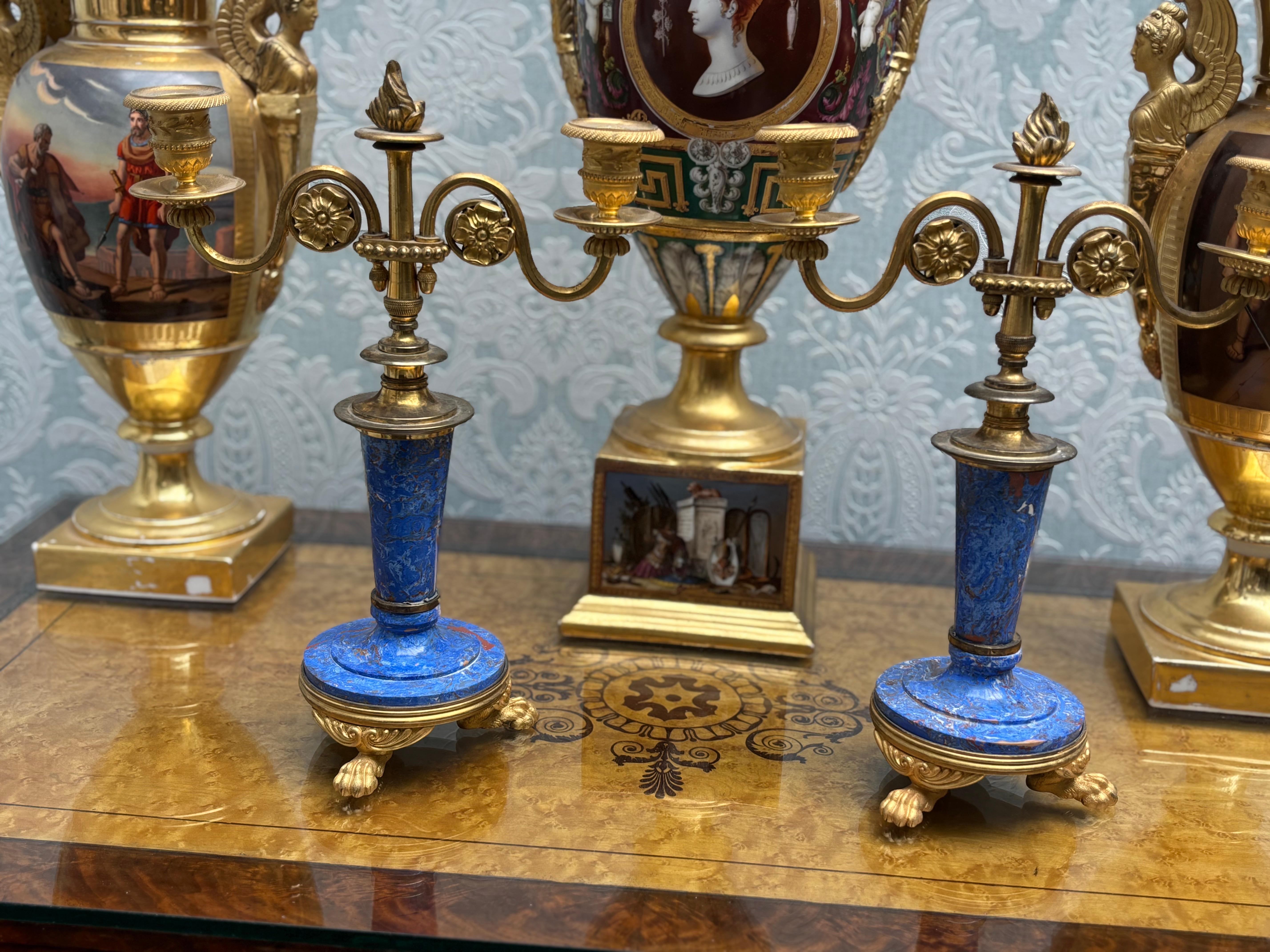 English 19th Century Gilt Bronze and Lapis Lazuli Scagliola Candlesticks For Sale 3