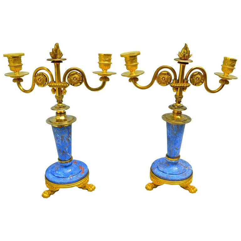 English 19th Century Gilt Bronze And Lapis Lazuli Scagliola Candlesticks For Sale At 1stdibs